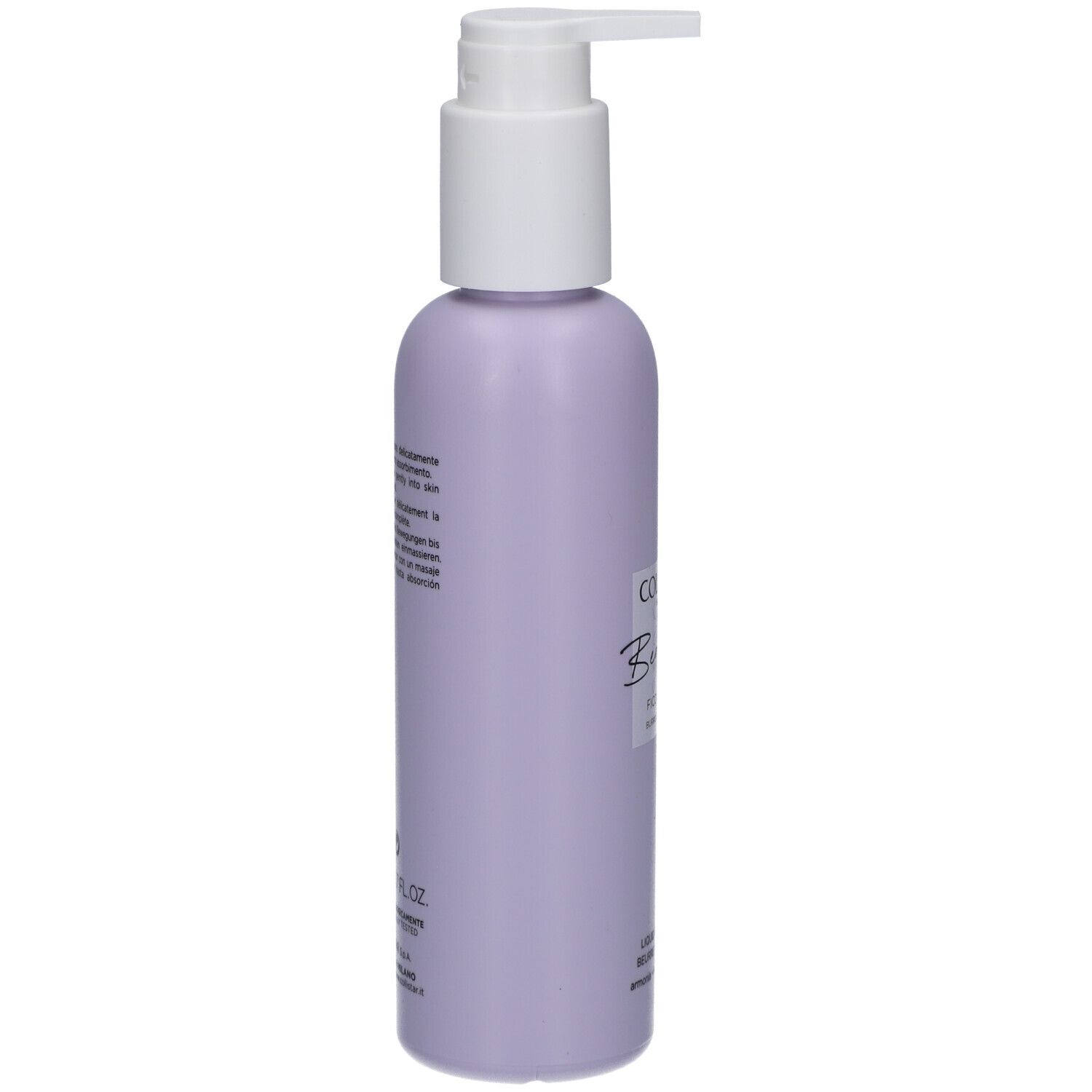 Flacon avec pompe. Lilas, texte sur le côté. Collistar, Benessere, Figue & Glycine. 200 ml.