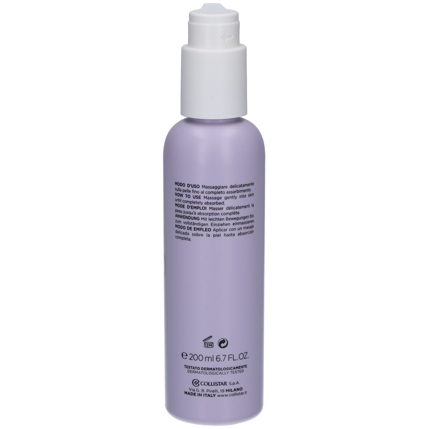 Dos du flacon avec pompe. Lilas, texte. Collistar, Benessere, Figue & Glycine. 200 ml.