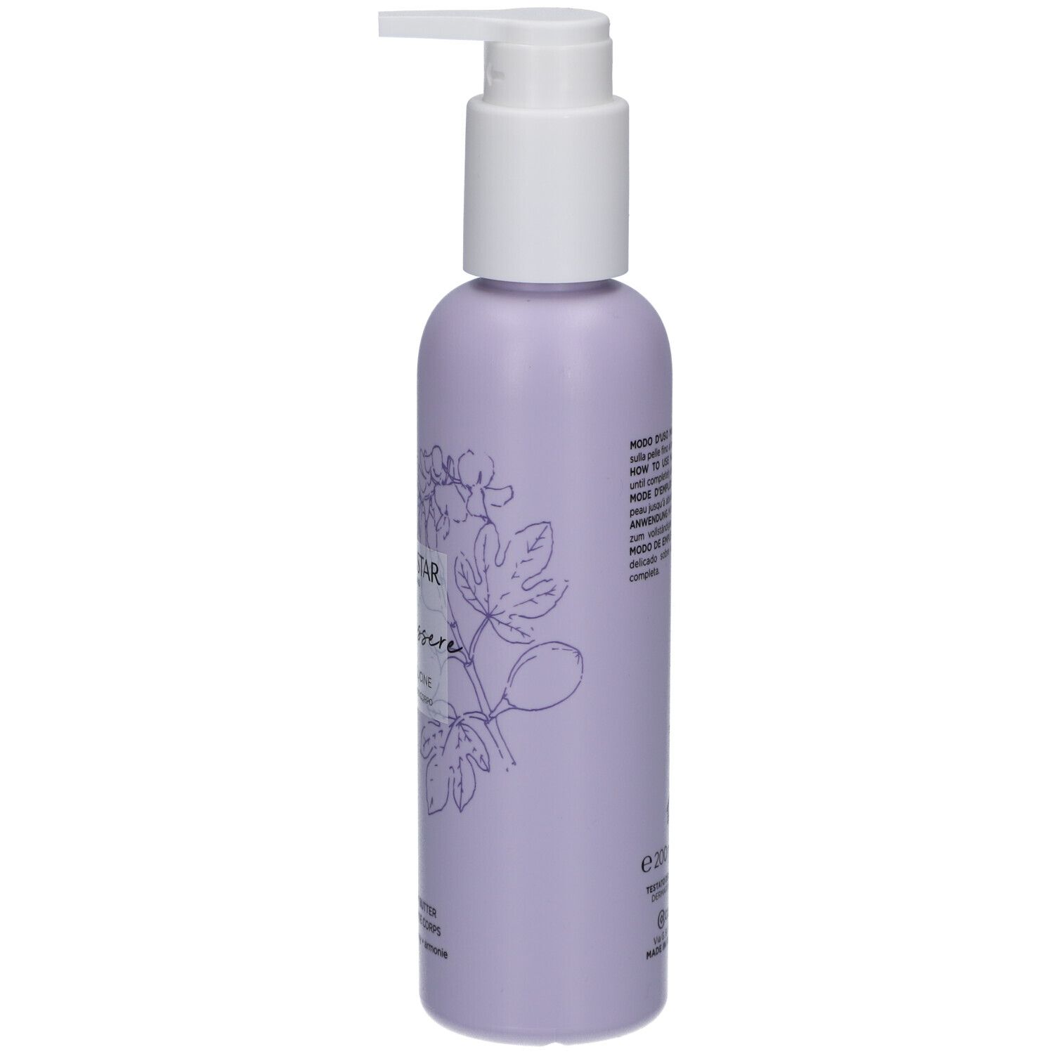 Flacon avec pompe. Lilas, texte et illustration. Collistar, Benessere, Figue & Glycine. 200 ml.