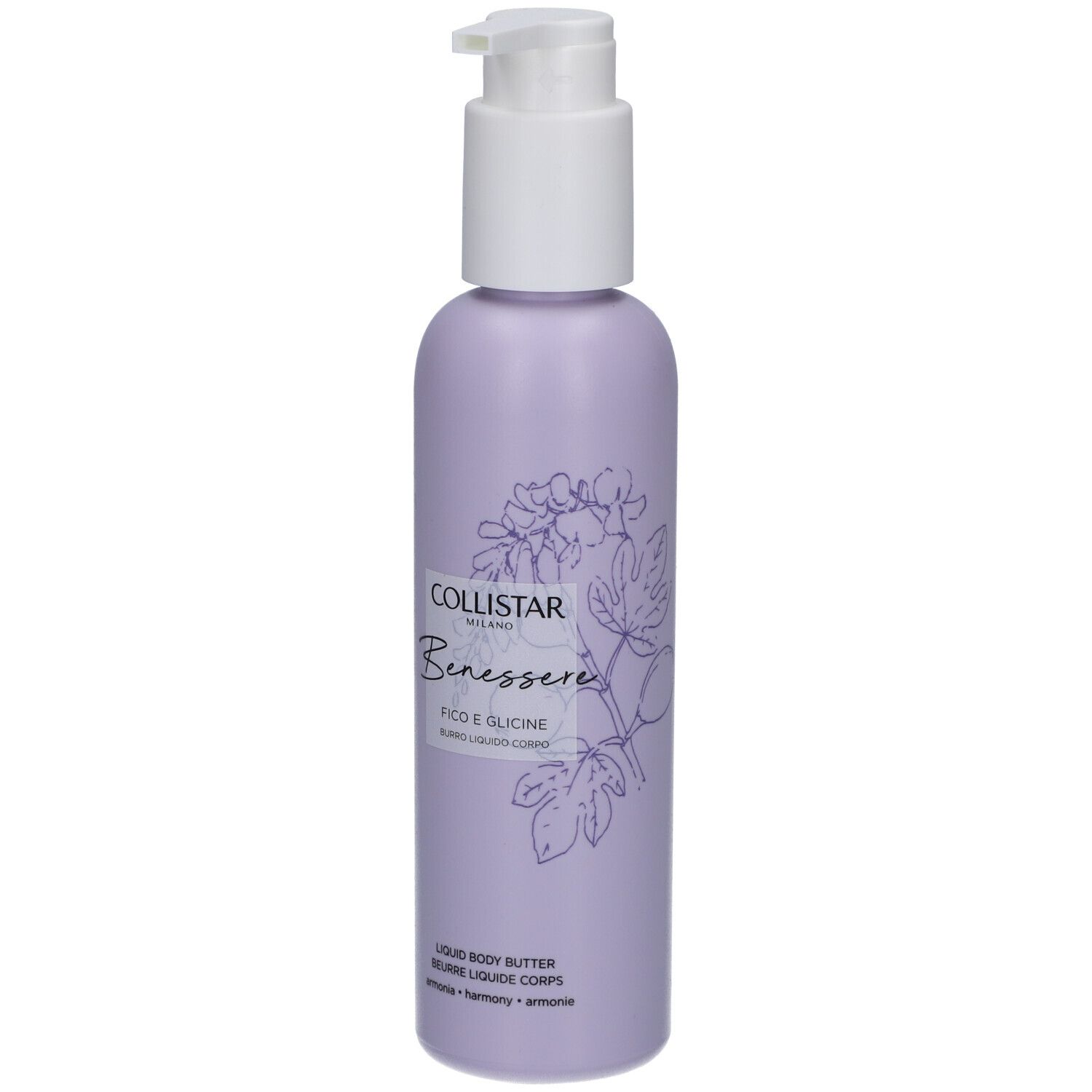 Flacon avec pompe. Étiquette lilas avec motif floral et texte : Collistar, Benessere, Figue & Glycine. Beurre liquide.