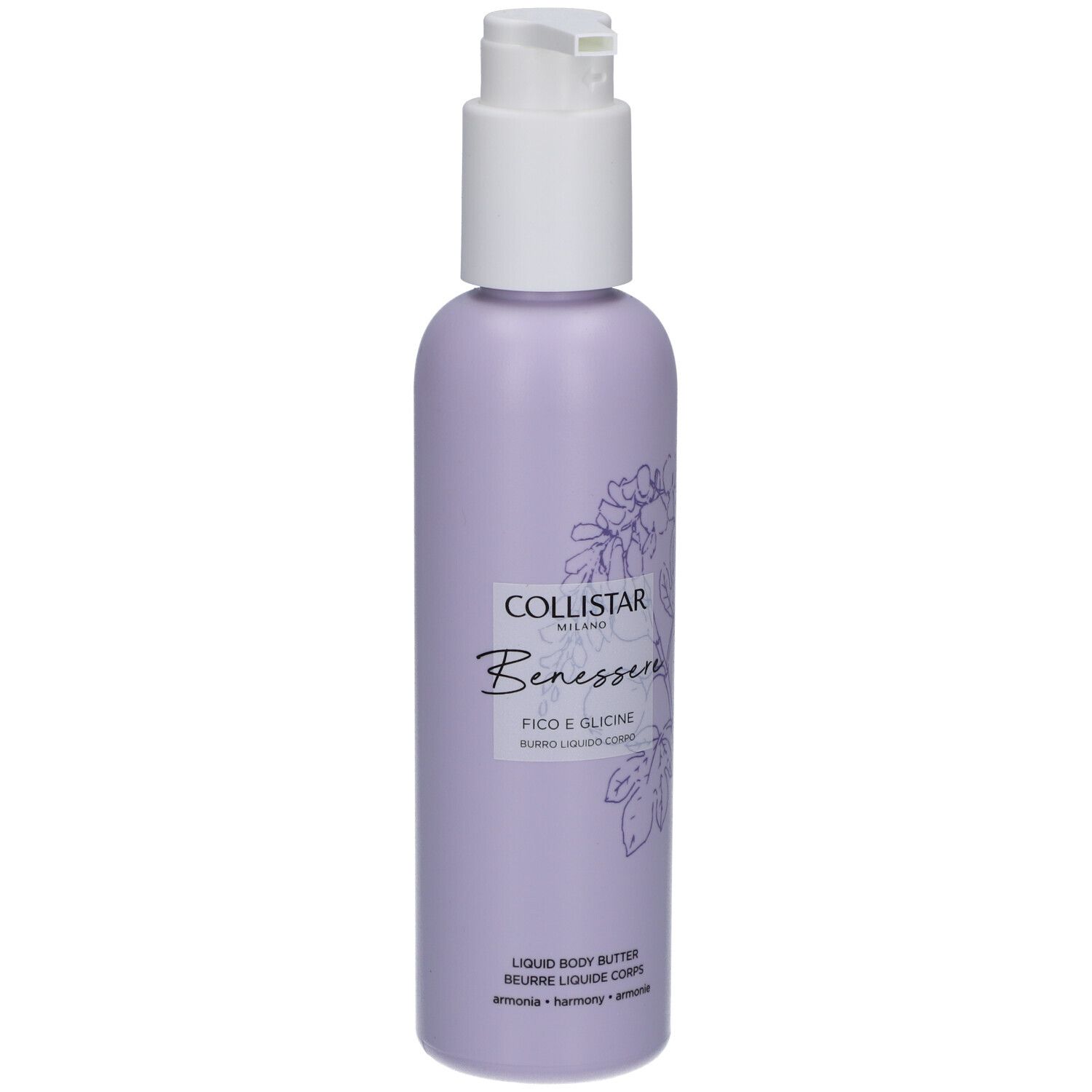 Flacon avec pompe. Étiquette lilas avec motif floral et texte : Collistar, Benessere, Figue & Glycine. Beurre liquide.