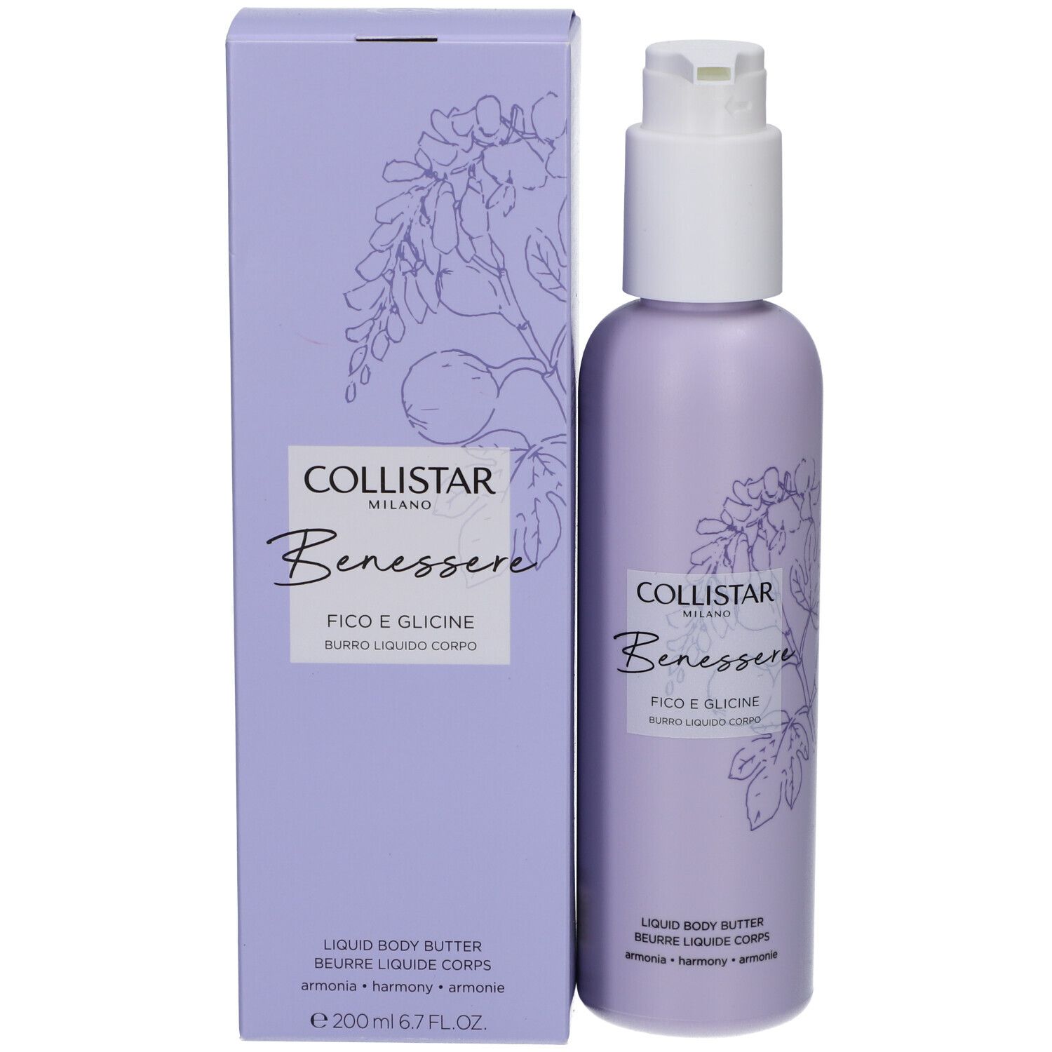 Emballage du produit. Boîte lilas et flacon avec pompe. Collistar, Benessere, Figue & Glycine. Beurre liquide.