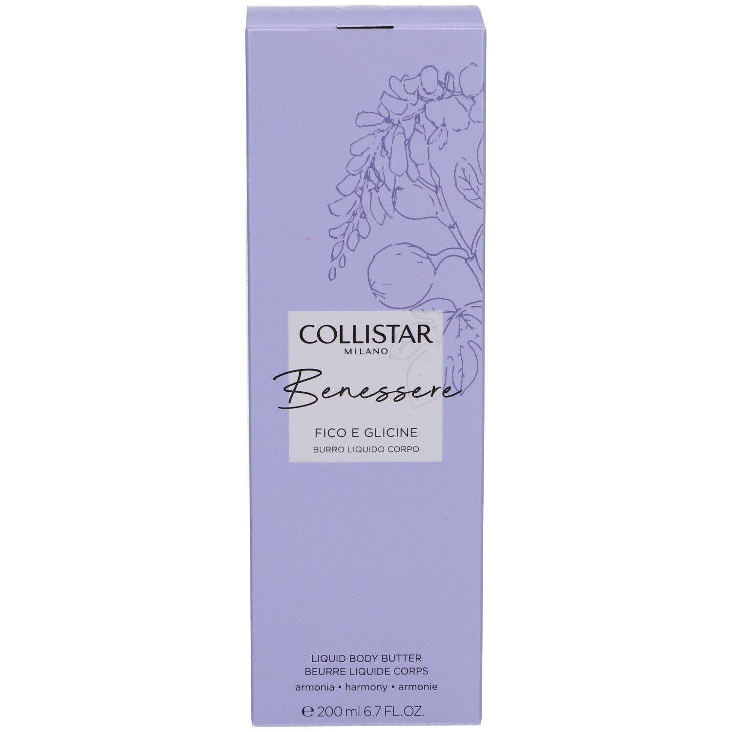 Boîte lilas. Texte : Collistar, Benessere, Figue & Glycine. Beurre liquide corps. 200 ml.