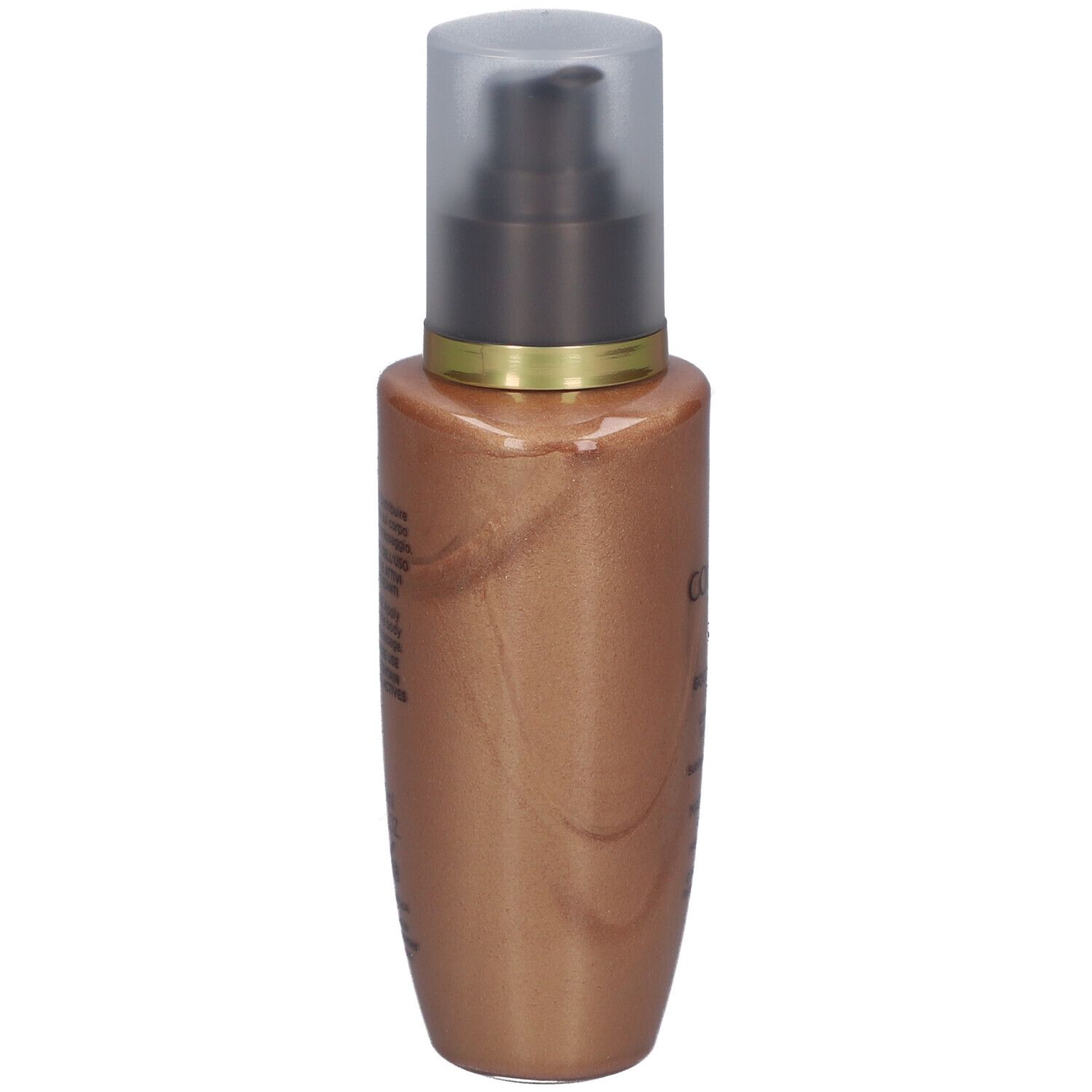 Bräunungskonzentrat. Flasche mit Pumpverschluss. Goldfarbenes Produkt. Aufschrift: Collistar, Magic Drops Glow.