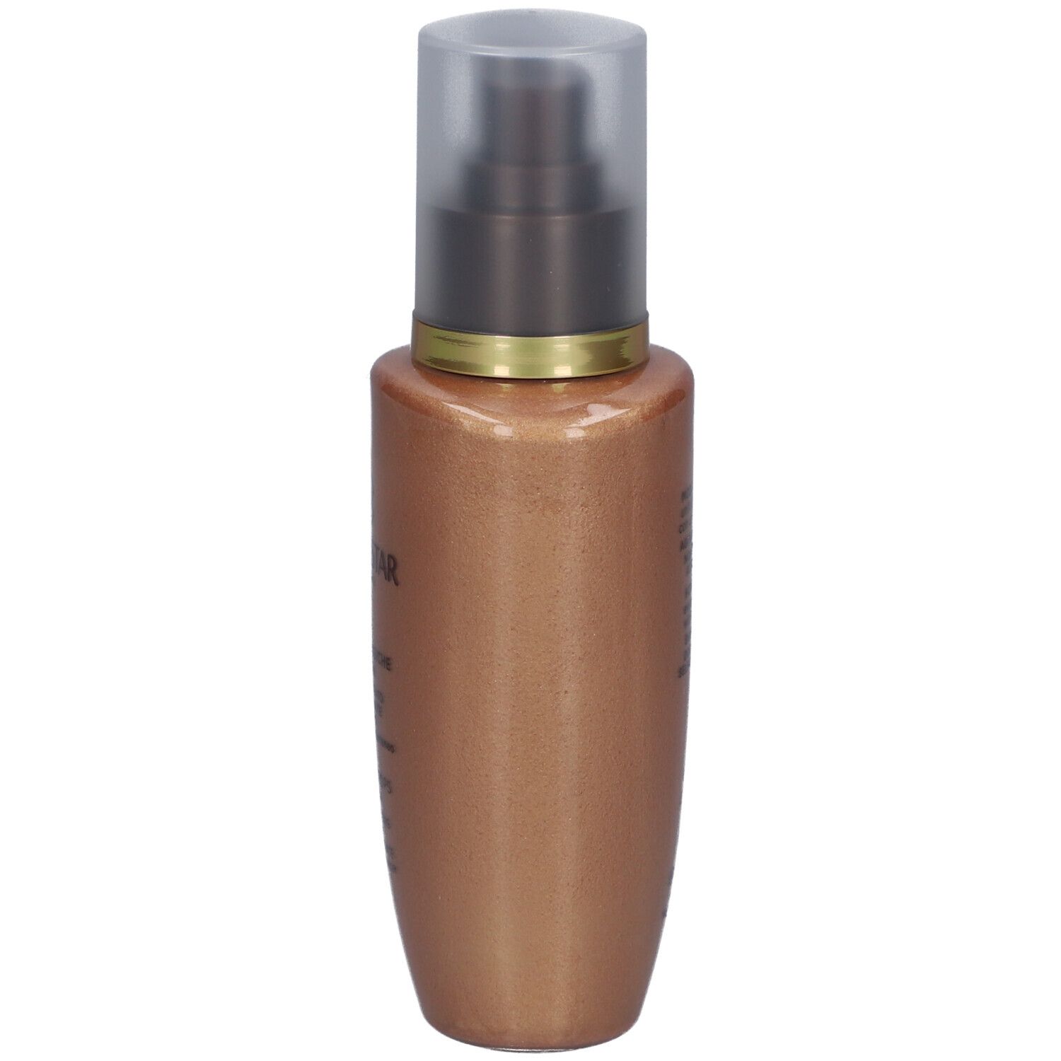 Bräunungskonzentrat. Flasche mit Pumpverschluss. Goldfarbenes Produkt. Aufschrift: Collistar, Magic Drops Glow.