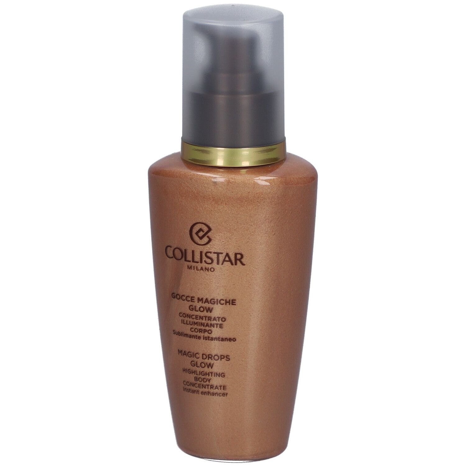 Bräunungskonzentrat. Flasche mit Pumpverschluss. Goldfarbenes Produkt. Aufschrift: Collistar, Magic Drops Glow.