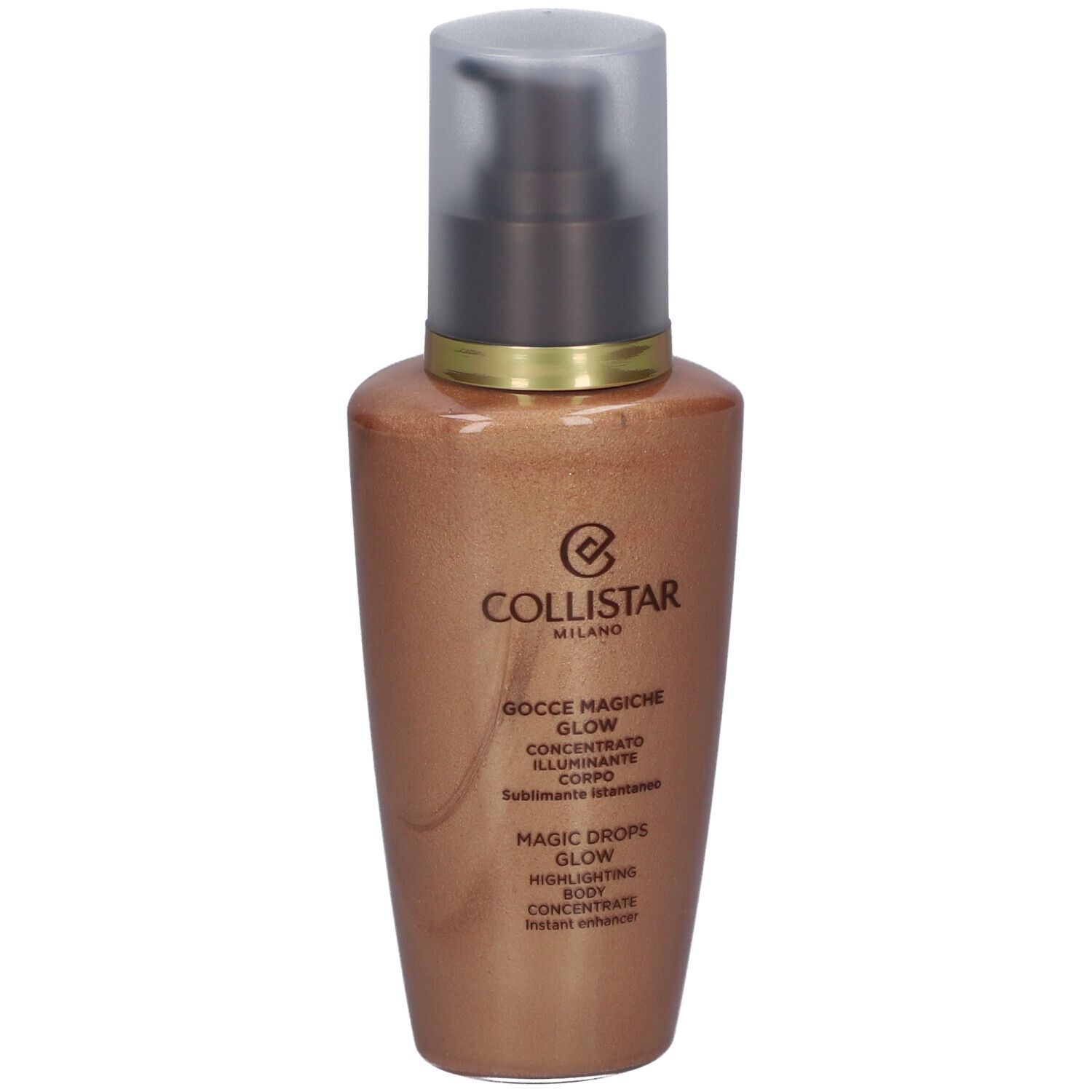 Bräunungskonzentrat. Flasche mit Pumpverschluss. Goldfarbenes Produkt. Aufschrift: Collistar, Magic Drops Glow.