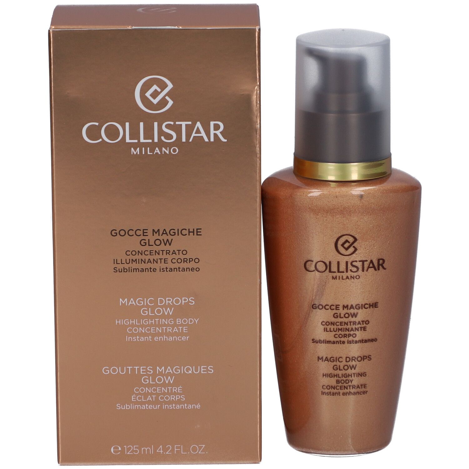 Bräunungskonzentrat und Verpackung. Flasche mit Pumpverschluss. Goldfarbenes Produkt. Aufschrift: Collistar, Magic Drops Glow.