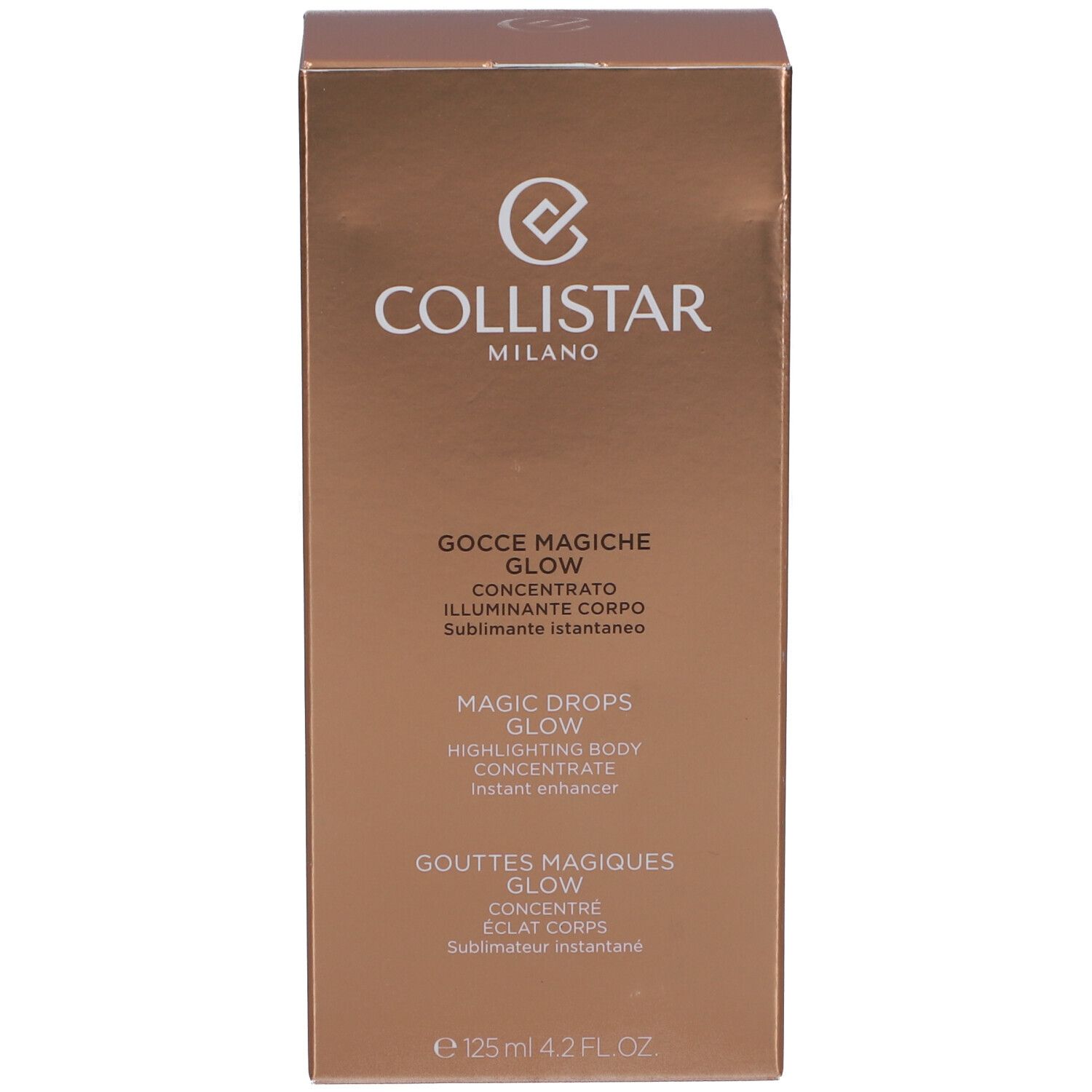 Verpackung. Goldfarbene Schachtel. Aufschrift: Collistar, Magic Drops Glow, 125 ml.