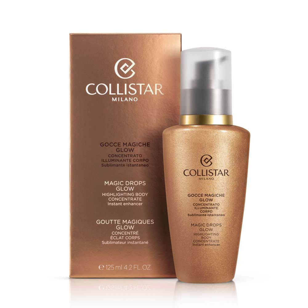 Concentré bronzant et emballage. Flacon avec pompe. Produit doré. Inscription : Collistar, Magic Drops Glow.