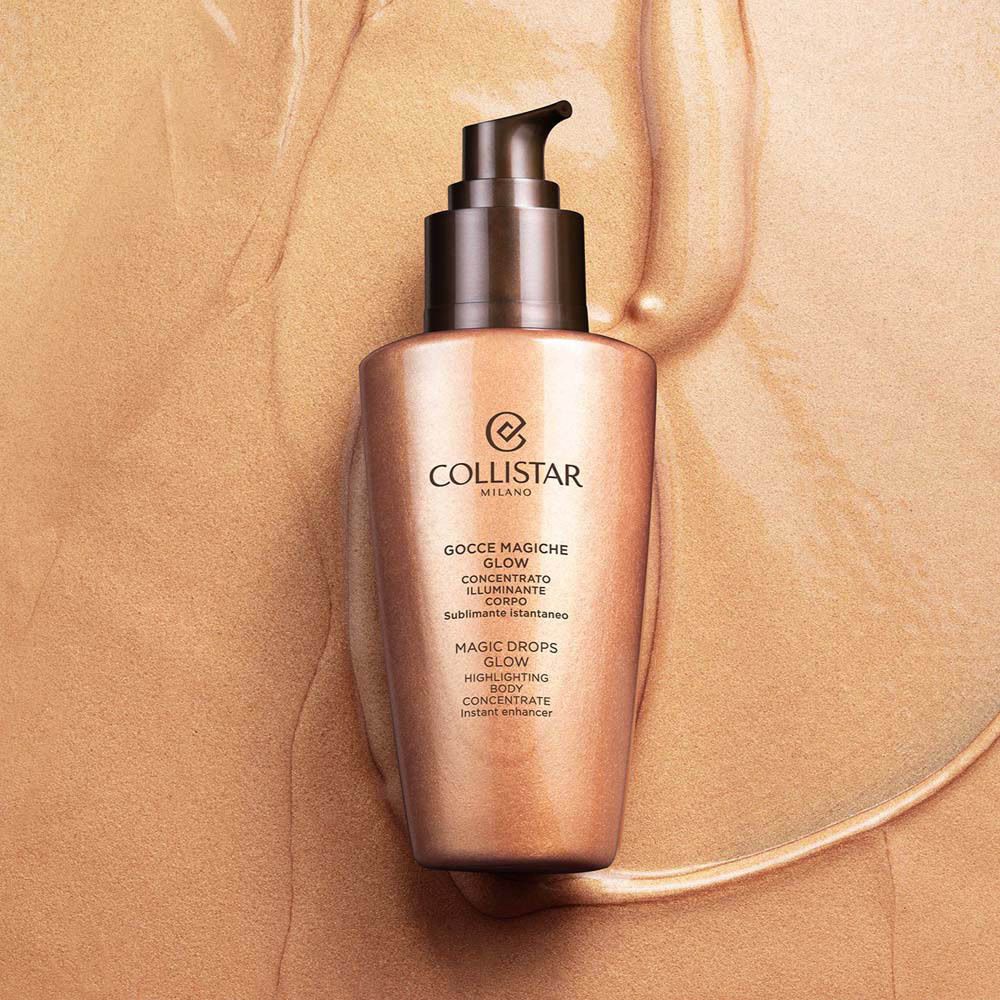 Concentré bronzant sur peau. Flacon avec pompe. Produit doré. Inscription : Collistar, Magic Drops Glow.