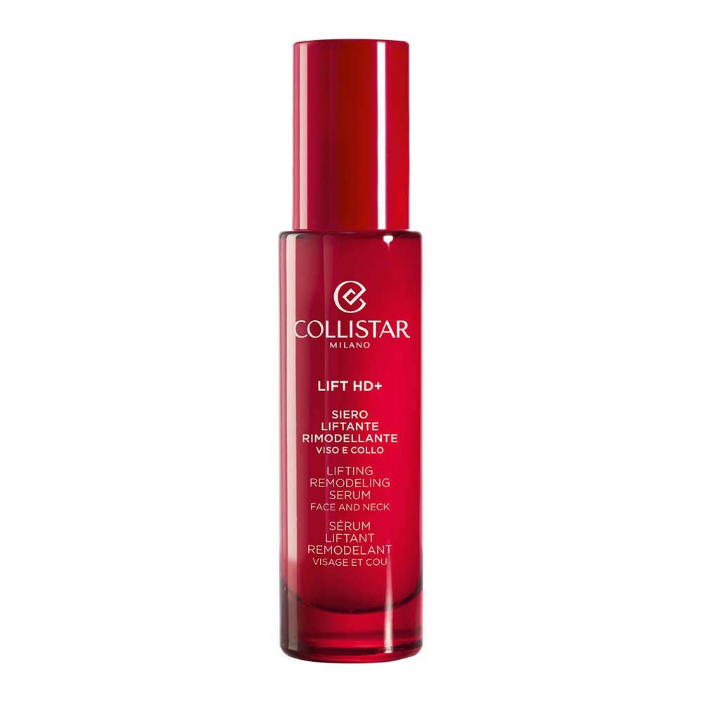 Flacon rouge avec bouchon rouge. Inscription : Collistar, Lift HD+, sérum visage et cou.