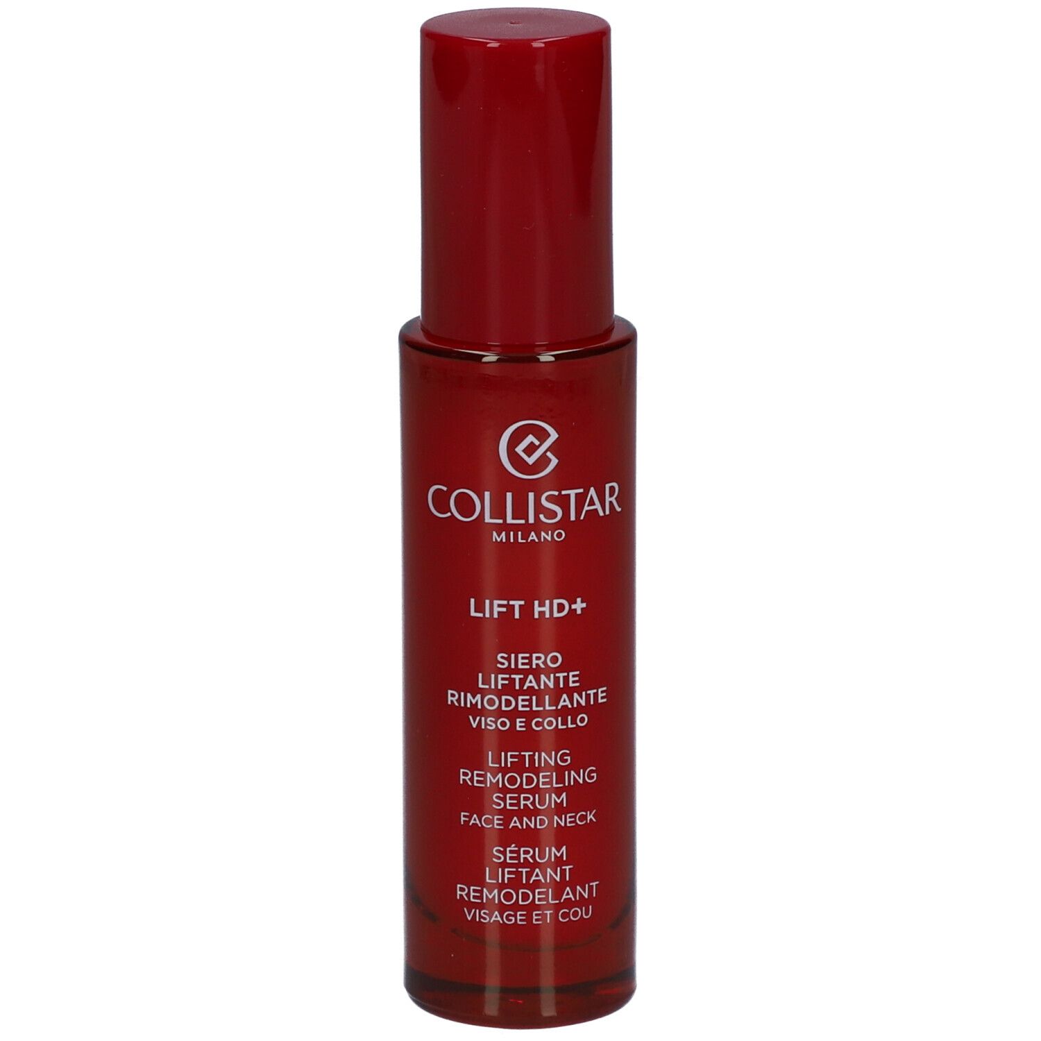 Flacon rouge avec bouchon rouge. Inscription : Collistar, Lift HD+, sérum visage et cou.