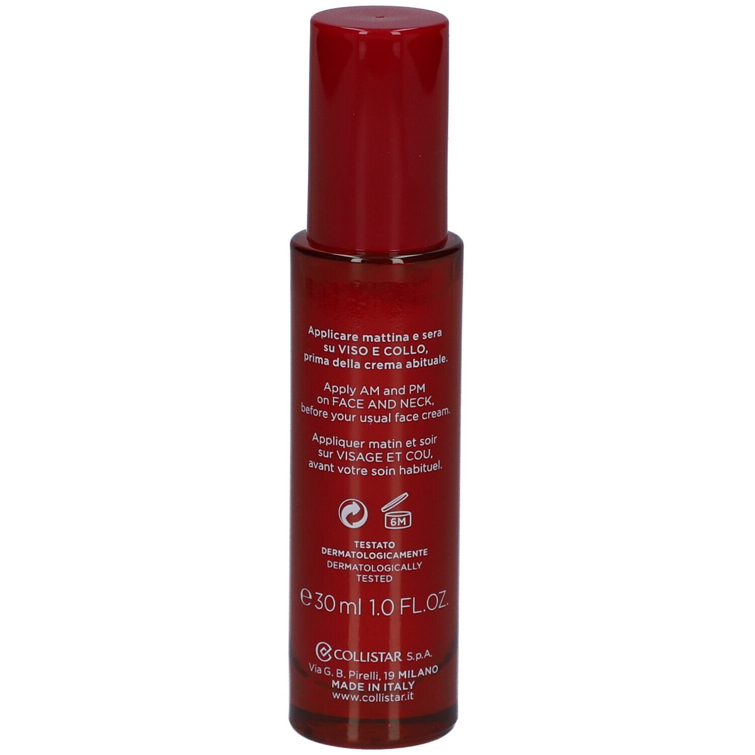 Flacon rouge avec bouchon rouge. Inscription : Collistar, Lift HD+, sérum visage et cou.