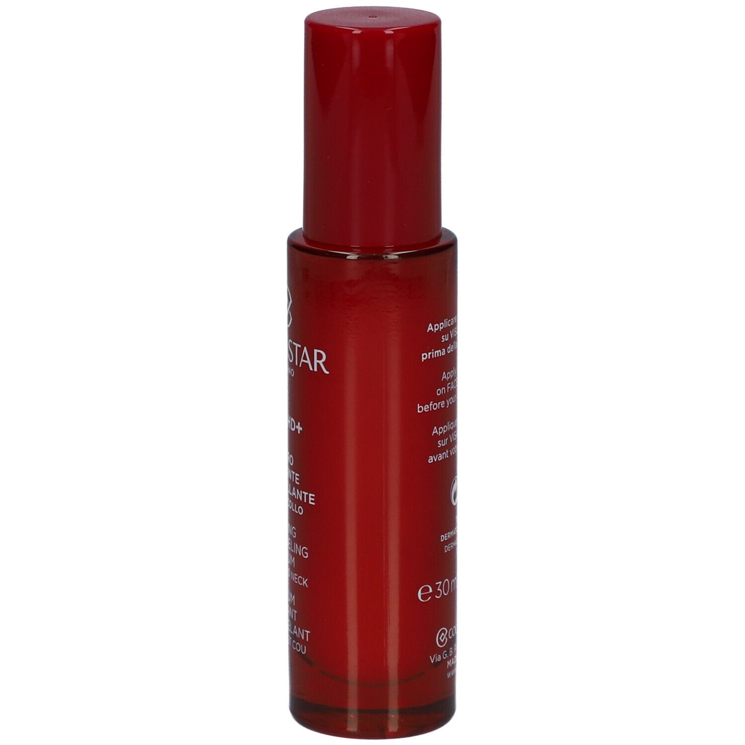 Flacon rouge avec bouchon rouge. Inscription : Collistar, Lift HD+, sérum visage et cou.
