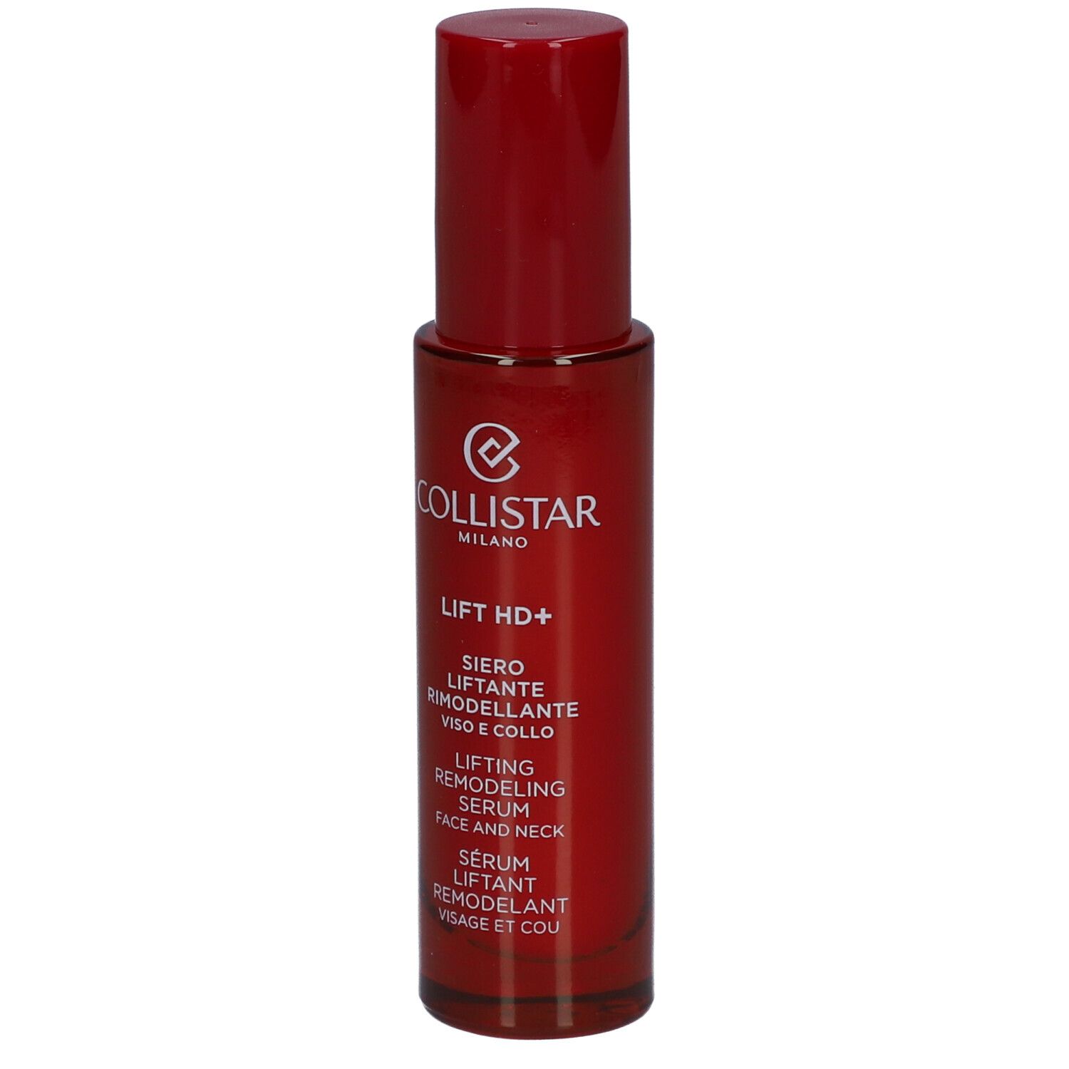 Flacon rouge avec bouchon rouge. Inscription : Collistar, Lift HD+, sérum visage et cou.