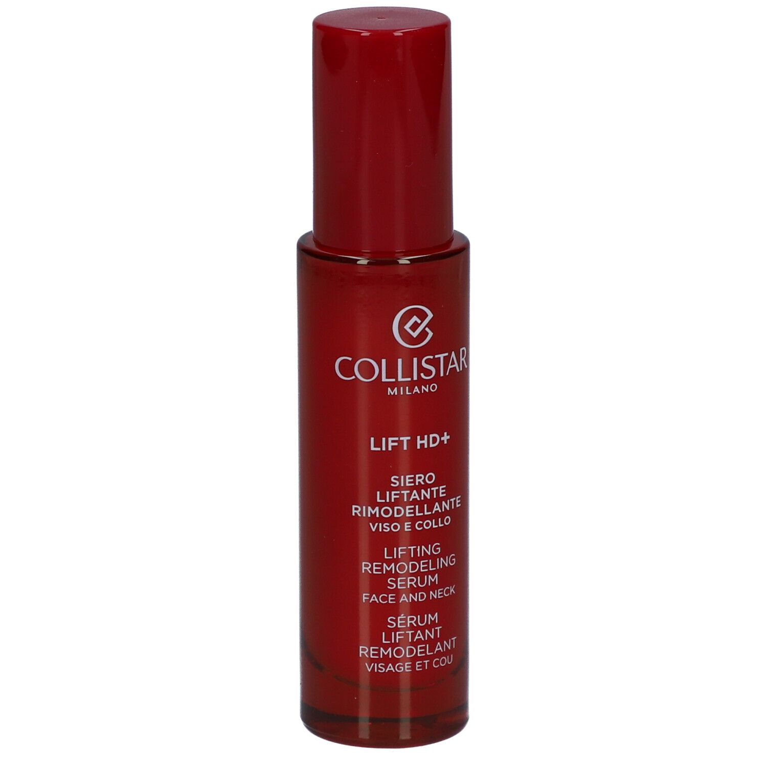 Flacon rouge avec bouchon rouge. Inscription : Collistar, Lift HD+, sérum visage et cou.