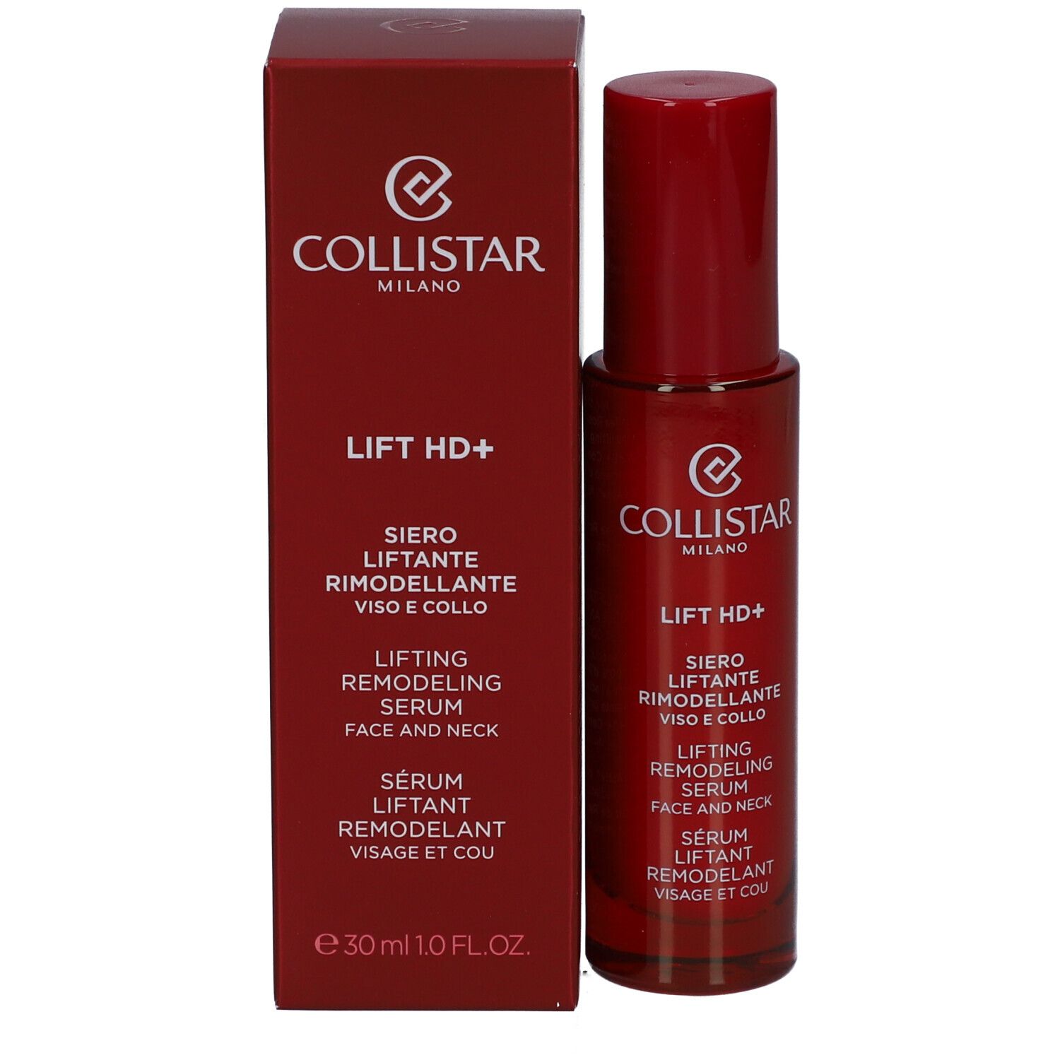 Flacon et boîte rouges. Inscription : Collistar, Lift HD+, sérum visage et cou.