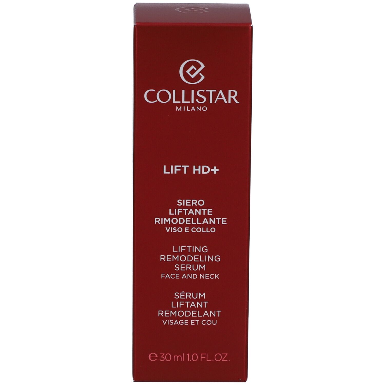 Boîte rouge. Inscription : Collistar, Lift HD+, sérum visage et cou.