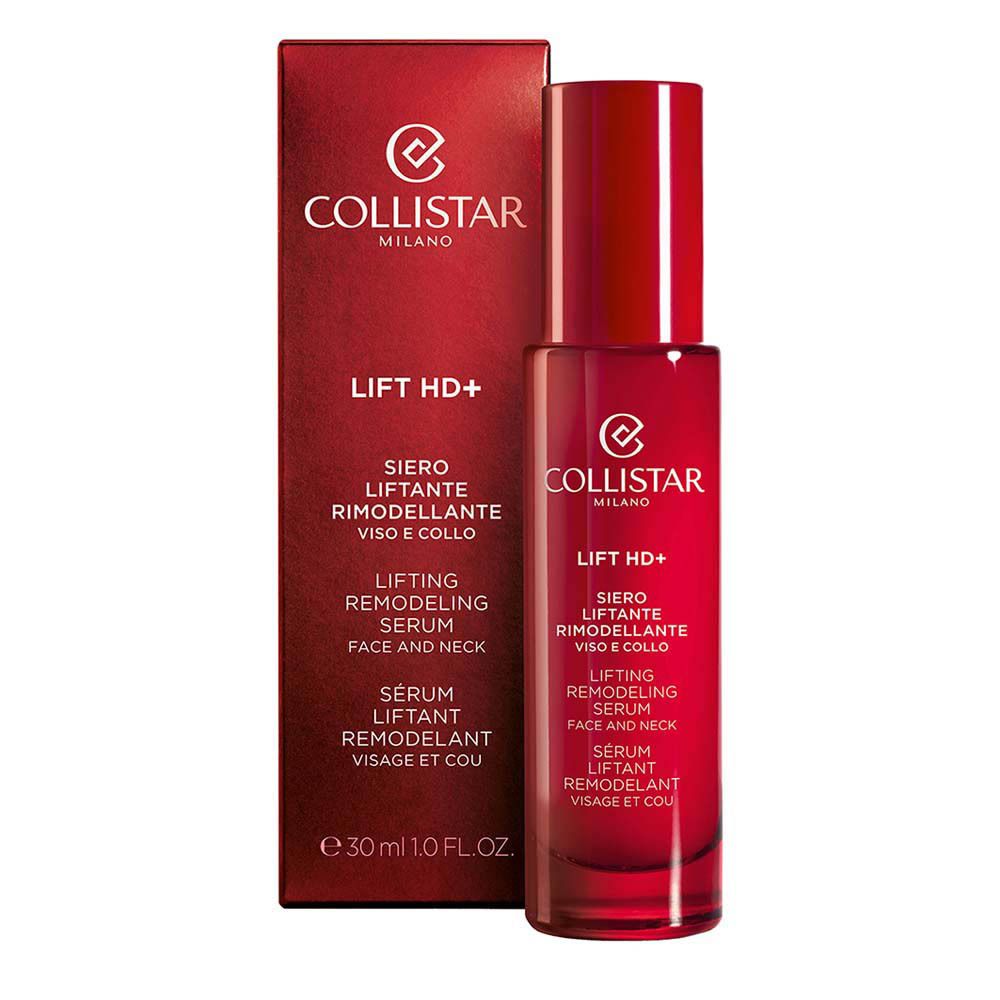 Flacon et boîte rouges. Inscription : Collistar, Lift HD+, sérum visage et cou.