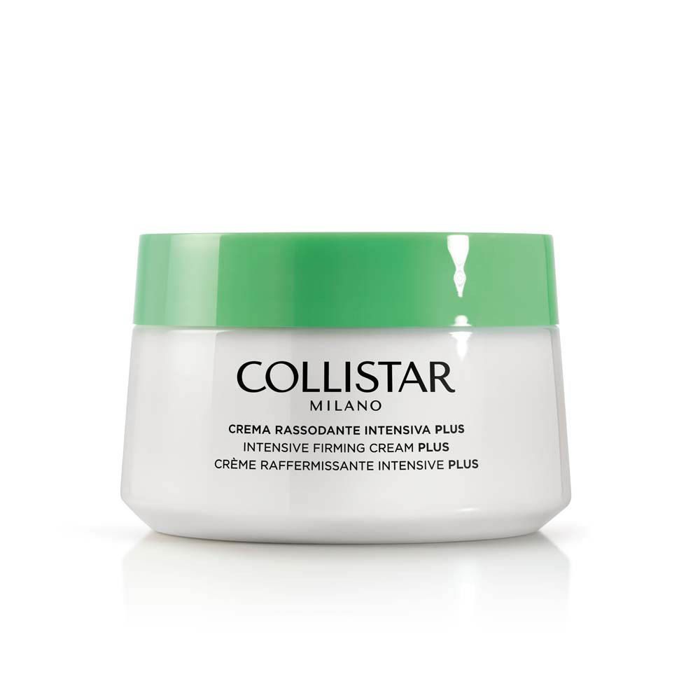 Pot blanc avec couvercle vert. Inscription : COLLISTAR MILANO, CREMA RASSODANTE INTENSIVA PLUS, INTENSIVE FIRMING CREAM PLUS, CRÈME RAFFERMISSANTE INTENSIVE PLUS.