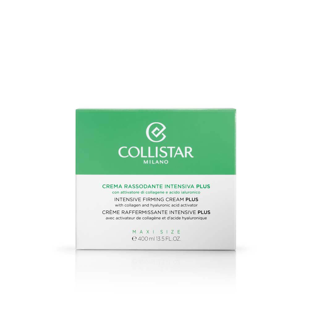 Emballage vert et blanc. Inscription : COLLISTAR MILANO, CREMA RASSODANTE INTENSIVA PLUS, INTENSIVE FIRMING CREAM PLUS, CRÈME RAFFERMISSANTE INTENSIVE PLUS. Maxi Size.