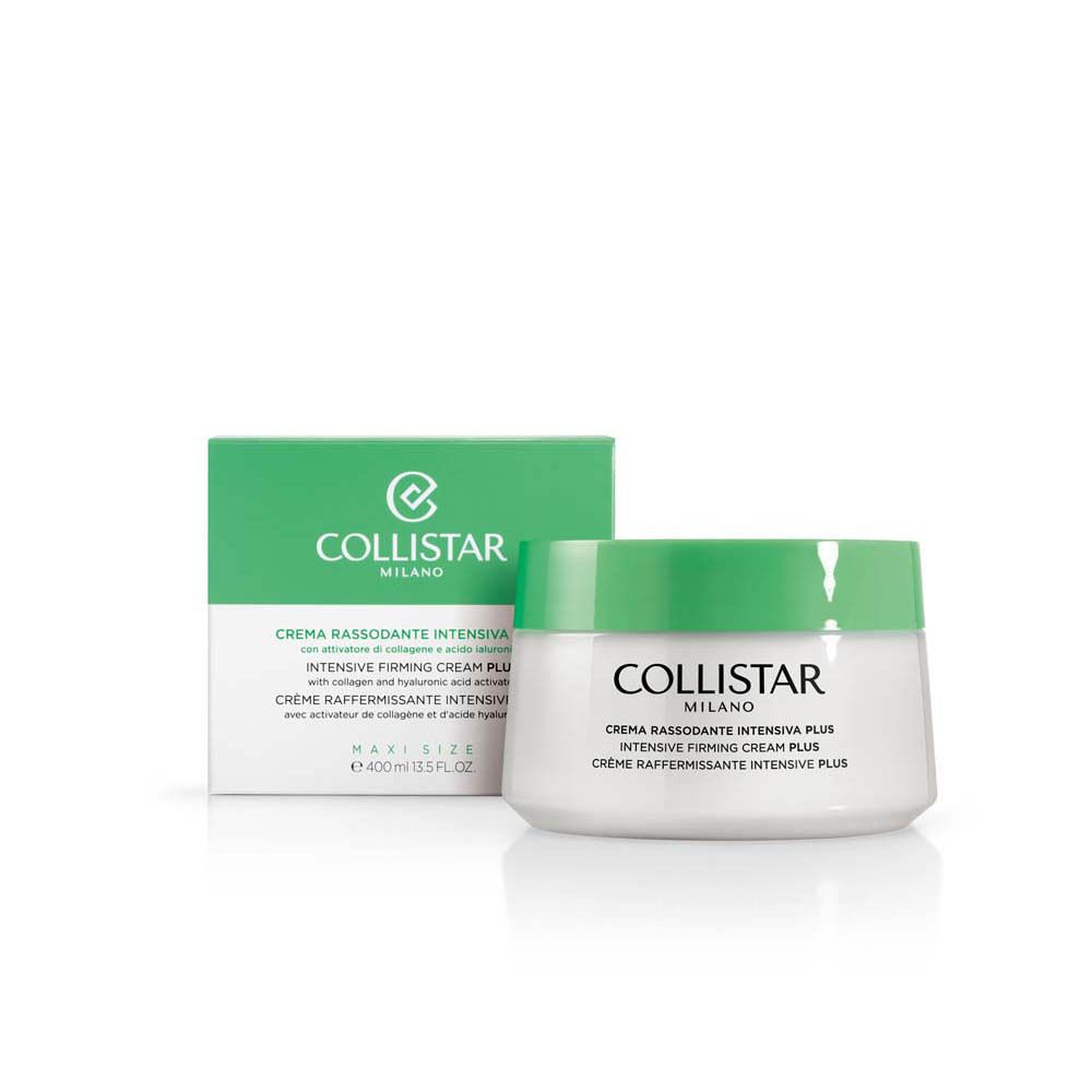 Produit et emballage. Pot blanc avec couvercle vert et emballage vert. Inscription : COLLISTAR MILANO, CREMA RASSODANTE INTENSIVA PLUS, INTENSIVE FIRMING CREAM PLUS.