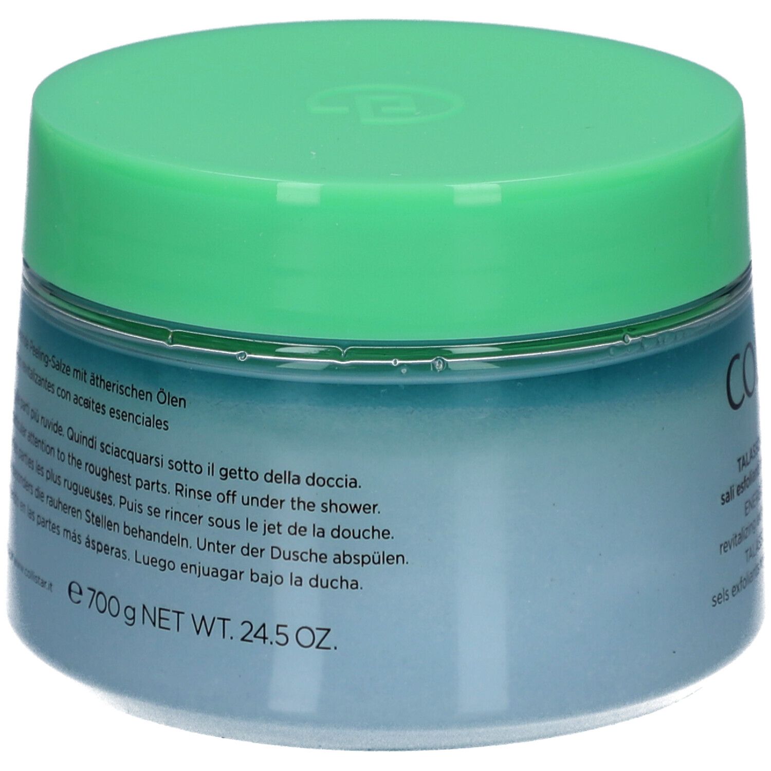 Pot bleu-vert avec couvercle vert. Texte sur l'étiquette. Poids : 700 g NET WT. 24,5 OZ.