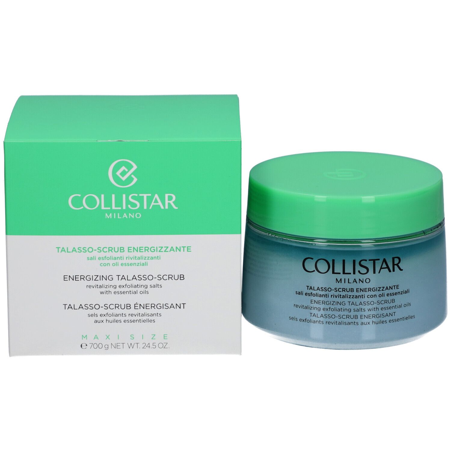 Produit et emballage. Pot bleu-vert avec couvercle vert et boîte verte. Inscription : COLLISTAR MILANO.