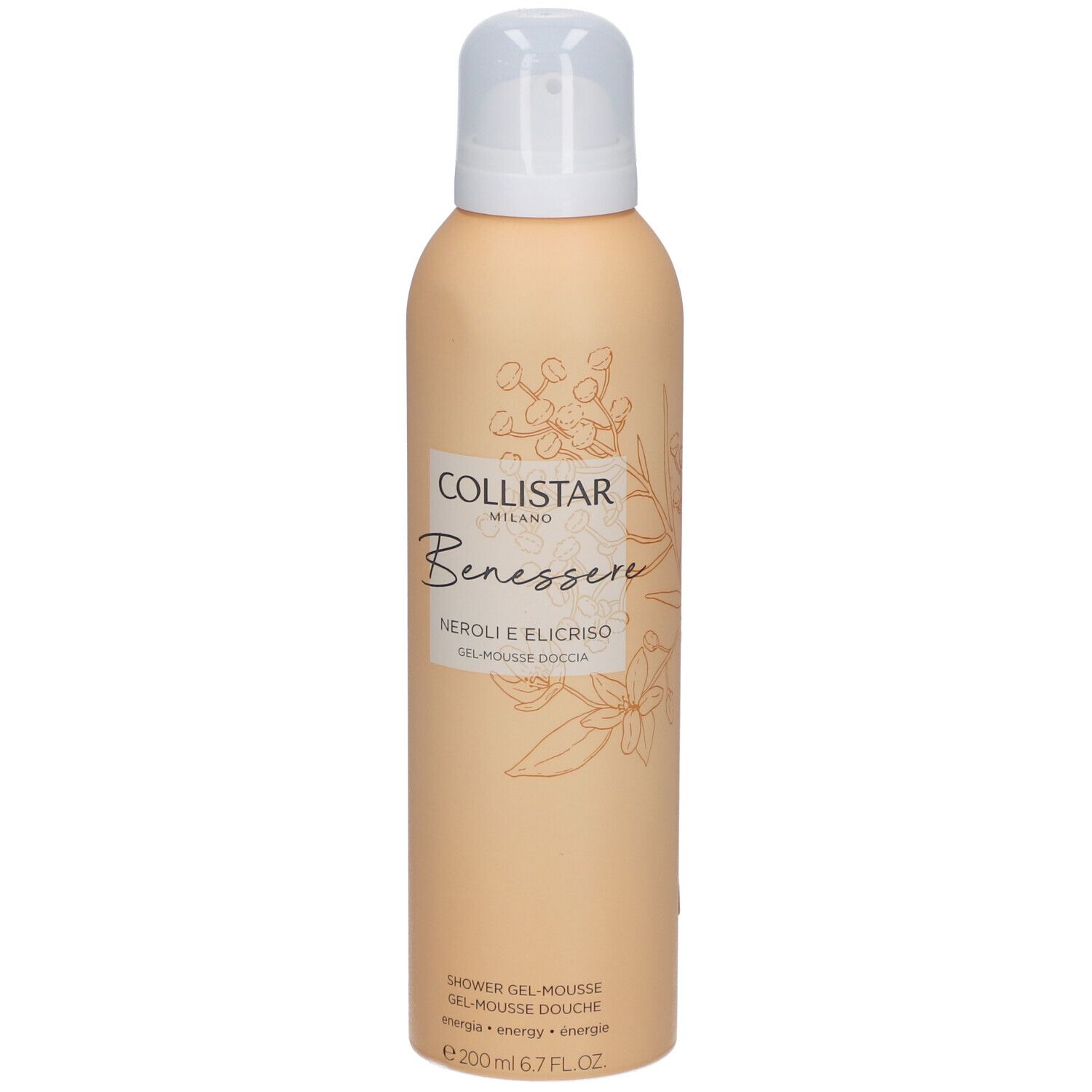 Beige Flasche mit Sprühkopf. Aufschrift: Collistar, Benessere, Neroli e Elicriso, Gel-Mousse Douche.
