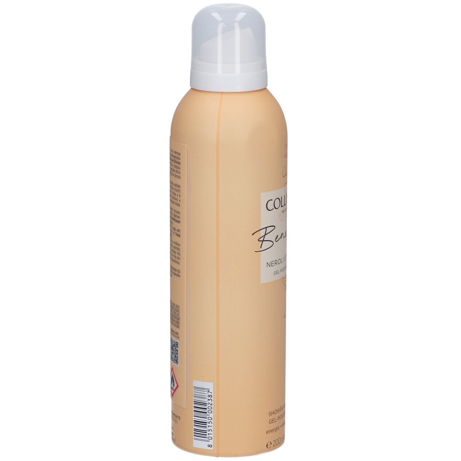 Beige Flasche mit Sprühkopf. Seitenansicht. Aufschrift: Collistar, Benessere, Neroli e Elicriso, Gel-Mousse Douche.