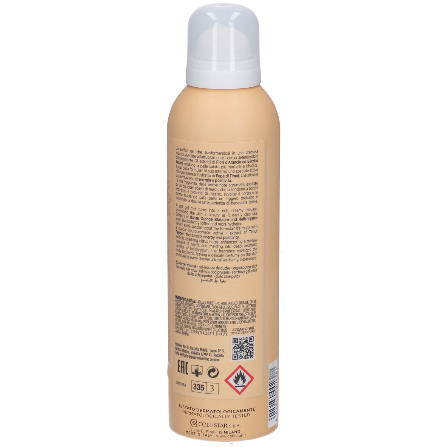 Rückseite einer beige Flasche mit Sprühkopf. Text in mehreren Sprachen. Aufschrift: Collistar, Benessere, Gel-Mousse Douche.