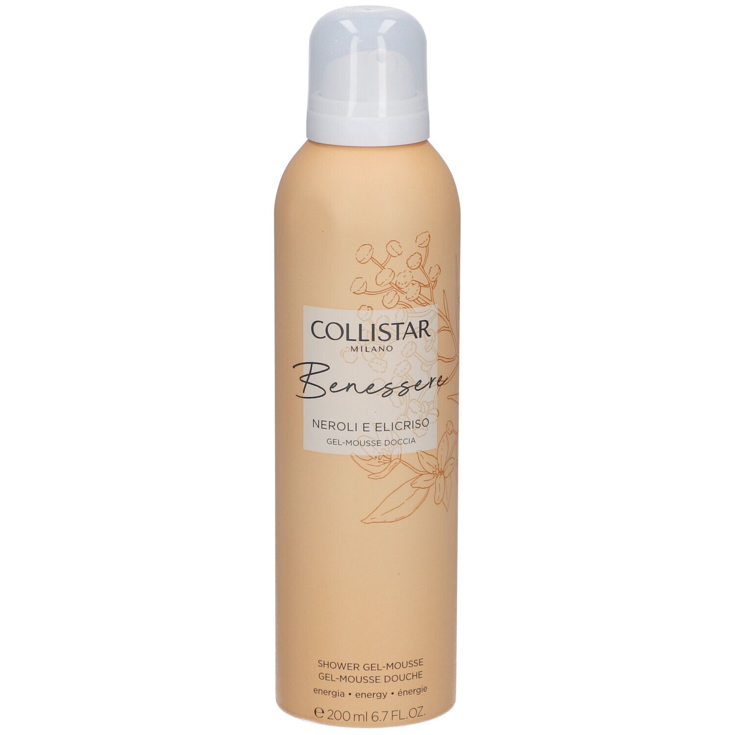 Beige Flasche mit Sprühkopf. Aufschrift: Collistar, Benessere, Neroli e Elicriso, Gel-Mousse Douche.