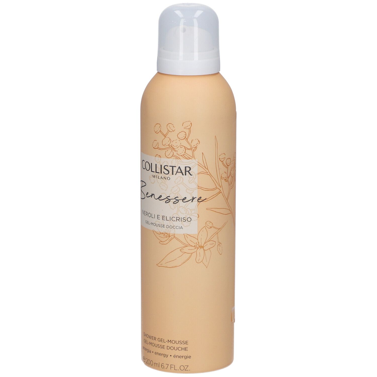 Beige Flasche mit Sprühkopf. Aufschrift: Collistar, Benessere, Neroli e Elicriso, Gel-Mousse Douche.