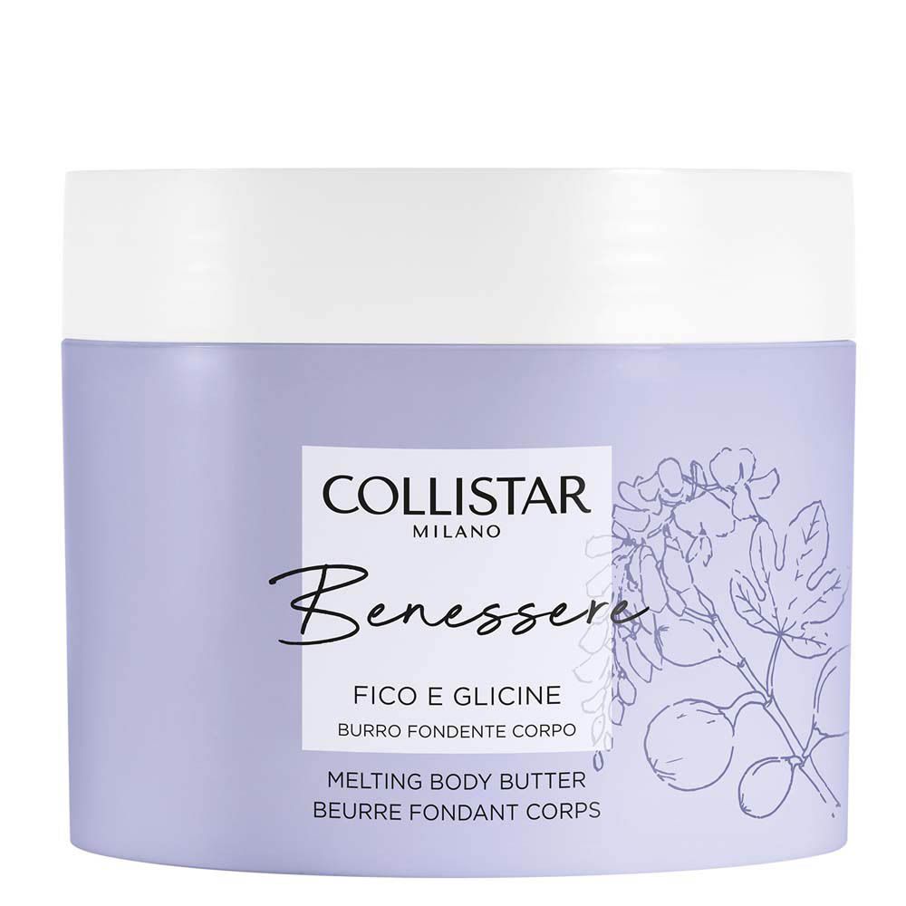 Pot violet avec couvercle blanc. Inscription : Collistar, Benessere, Fico e Glicine, Melting Body Butter.
