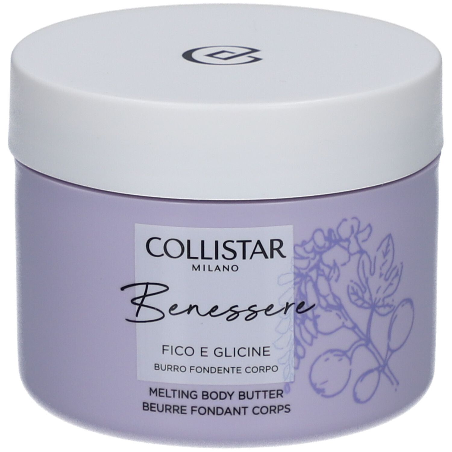 Pot violet avec couvercle blanc. Inscription : Collistar, Benessere, Fico e Glicine, Melting Body Butter.