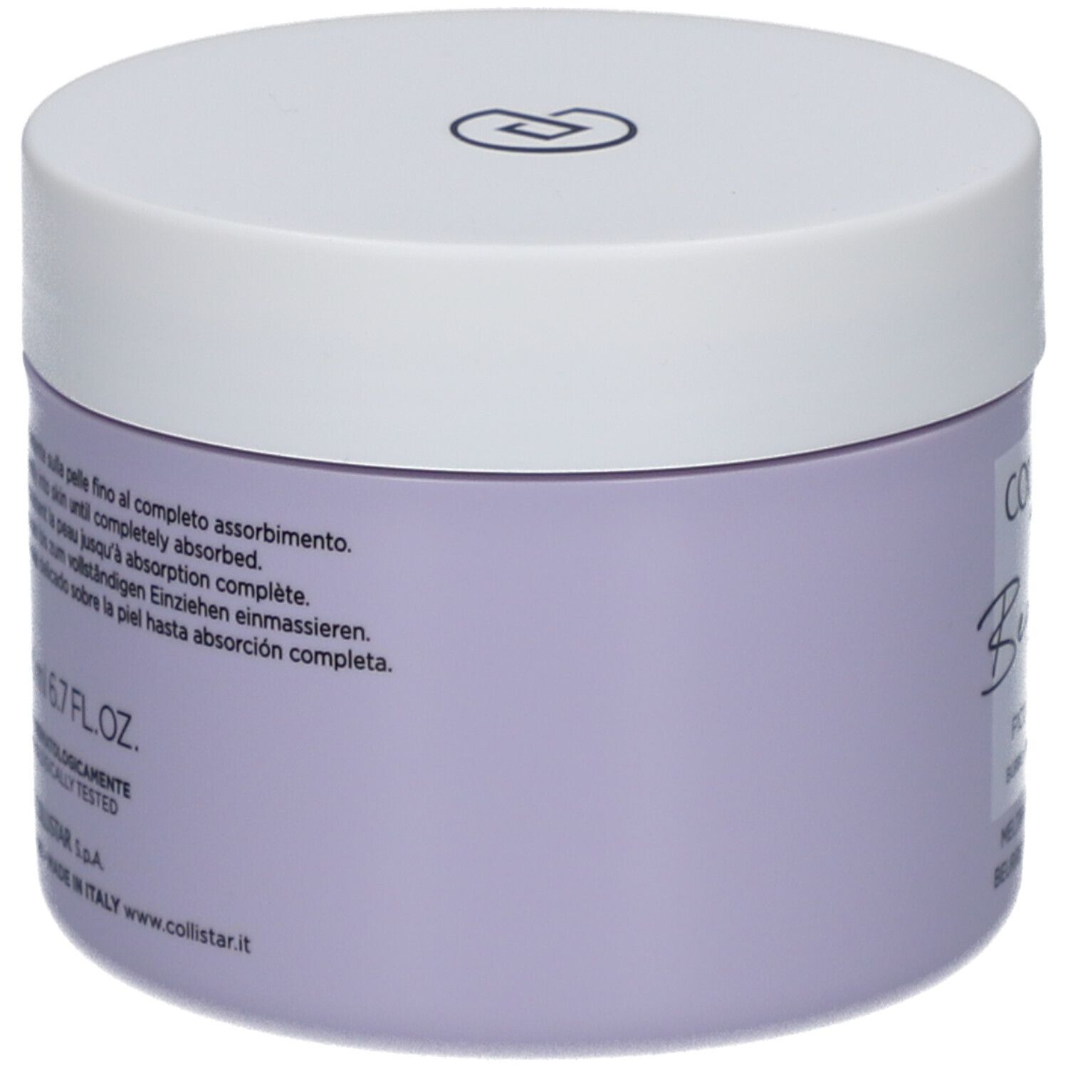 Pot violet avec couvercle blanc. Inscription : Collistar, Benessere, Fico e Glicine, Melting Body Butter.