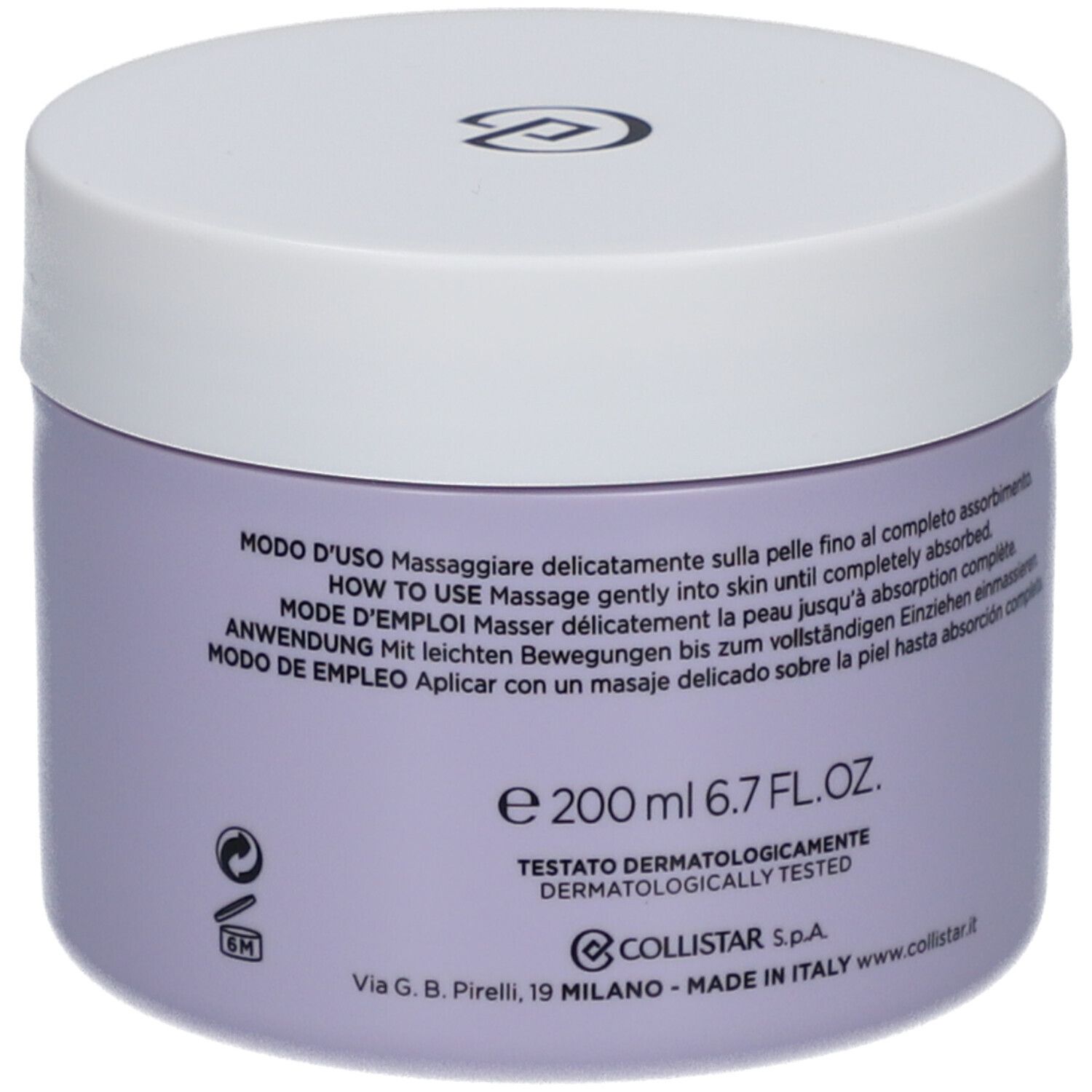 Pot violet avec couvercle blanc. Inscription : Collistar, Benessere, Fico e Glicine, Melting Body Butter.