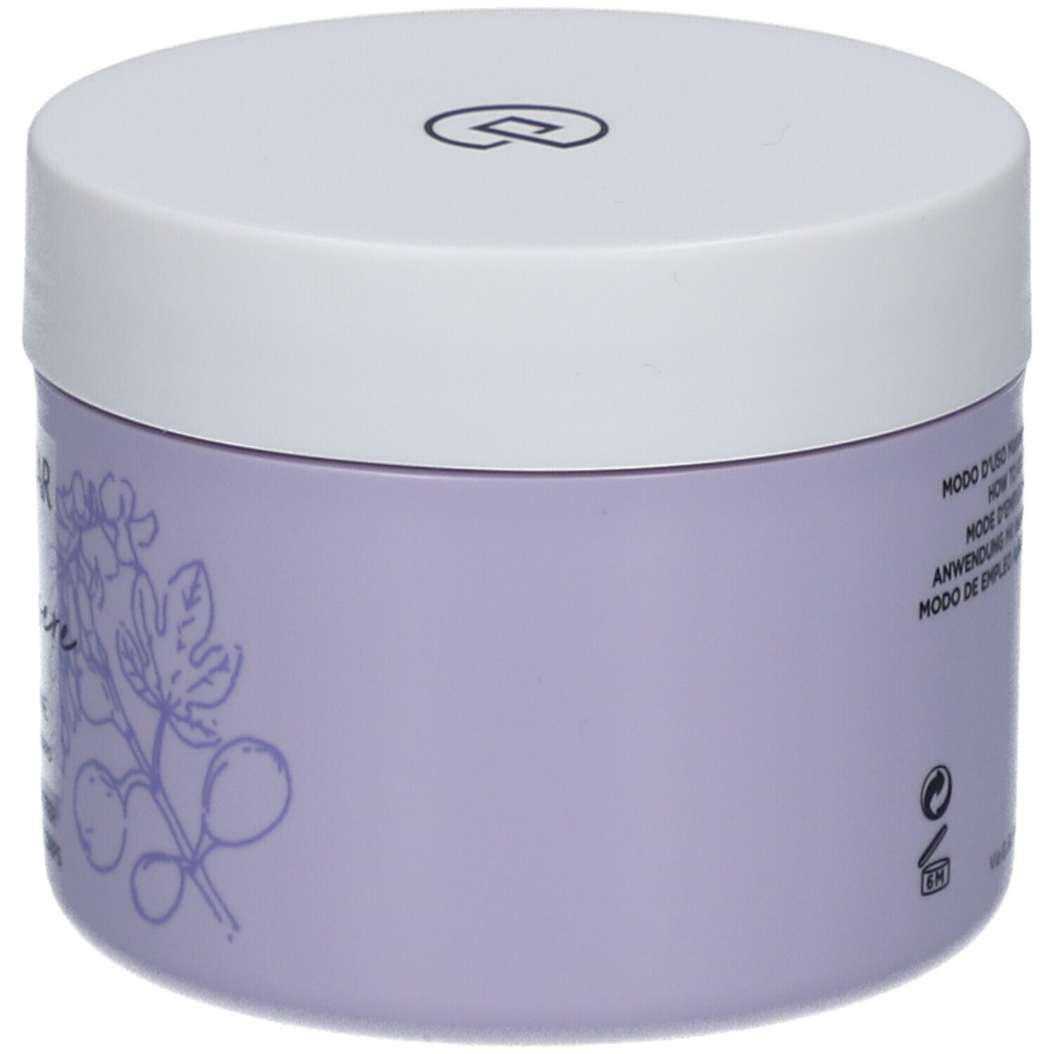 Pot violet avec couvercle blanc. Inscription : Collistar, Benessere, Fico e Glicine, Melting Body Butter.