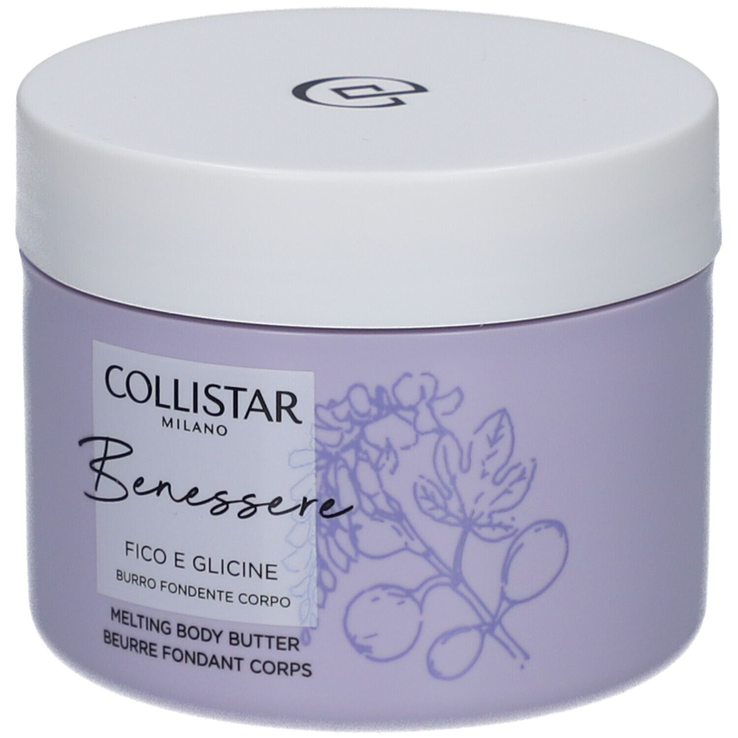 Pot violet avec couvercle blanc. Inscription : Collistar, Benessere, Fico e Glicine, Melting Body Butter.