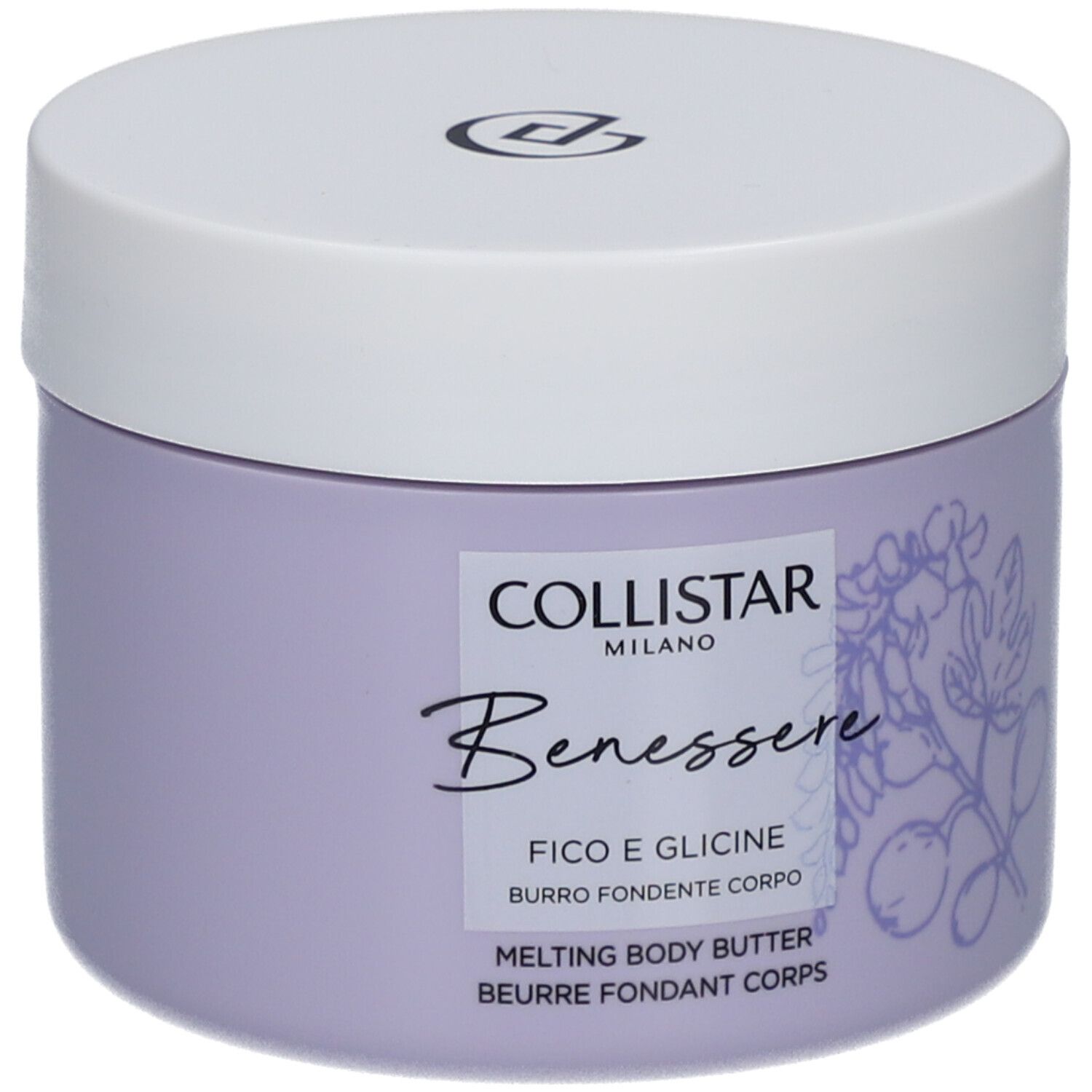Pot violet avec couvercle blanc. Inscription : Collistar, Benessere, Fico e Glicine, Melting Body Butter.