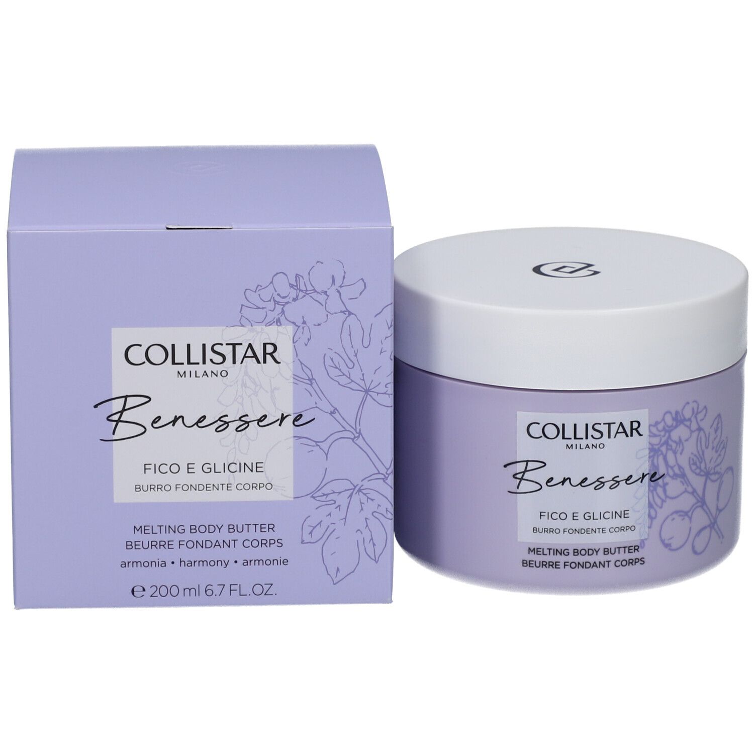 Emballage produit : pot et boîte. Inscription : Collistar, Benessere, Fico e Glicine, Melting Body Butter.