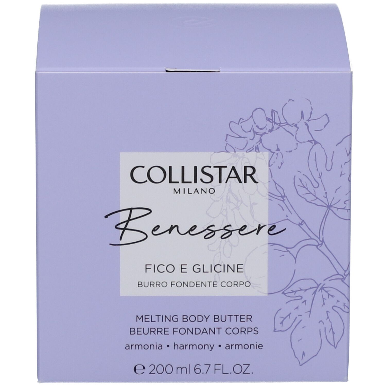 Emballage produit : boîte. Inscription : Collistar, Benessere, Fico e Glicine, Melting Body Butter.