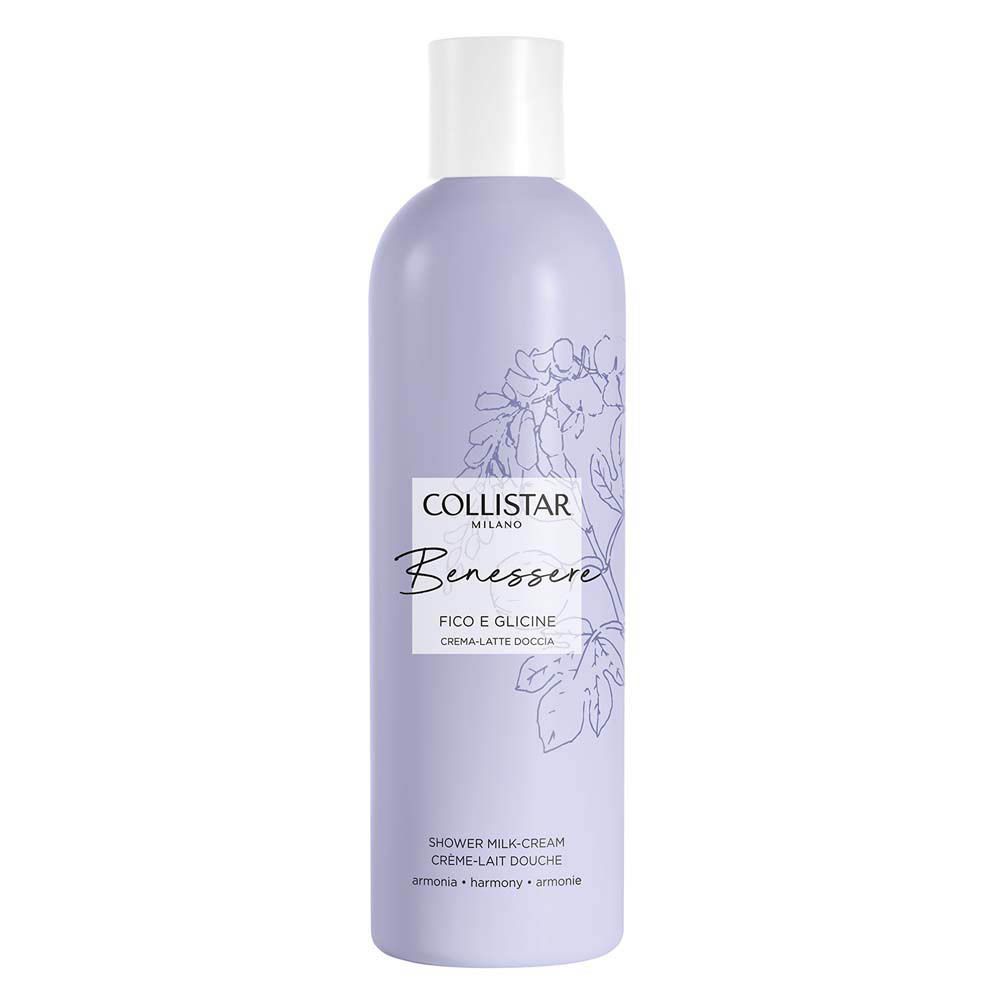 Flacon de lait-crème douche lilas, bouchon blanc. Inscriptions : Collistar, Benessere, Fico e Glicine. Illustrations de figues et de glycine.