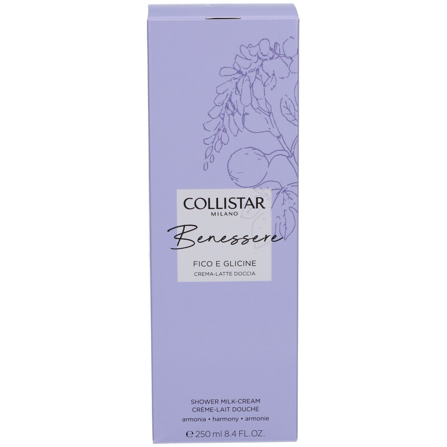 Produktverpackung. Fliederfarben, Aufschrift: Collistar, Benessere, Fico e Glicine, Crème-Lait Douche.