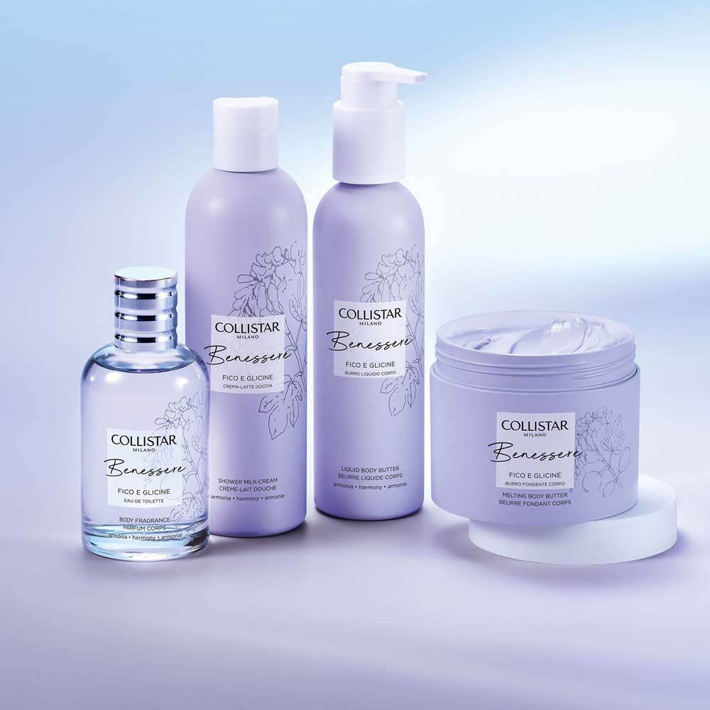 Gamme de produits : lait douche, beurre corporel, lotion, eau de toilette. Lilas, blanc. Inscriptions : Collistar, Benessere.