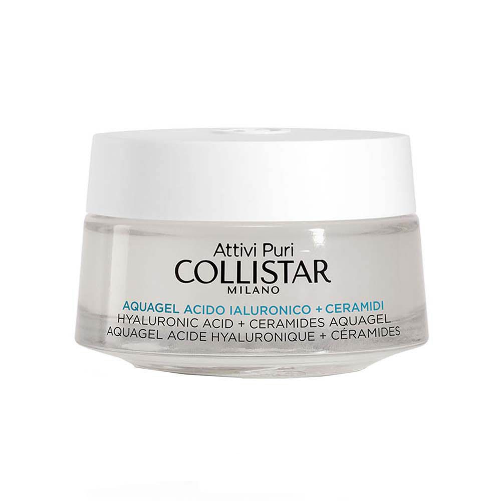 Pot de crème avec couvercle blanc. Inscription : Collistar, Aquagel Acido Ialuronico + Ceramidi.