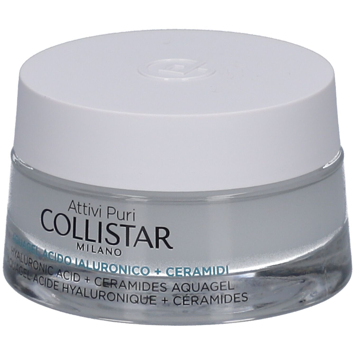 Cremebehälter mit weißem Deckel. Aufschrift: Collistar, Aquagel Acido Ialuronico + Ceramidi.