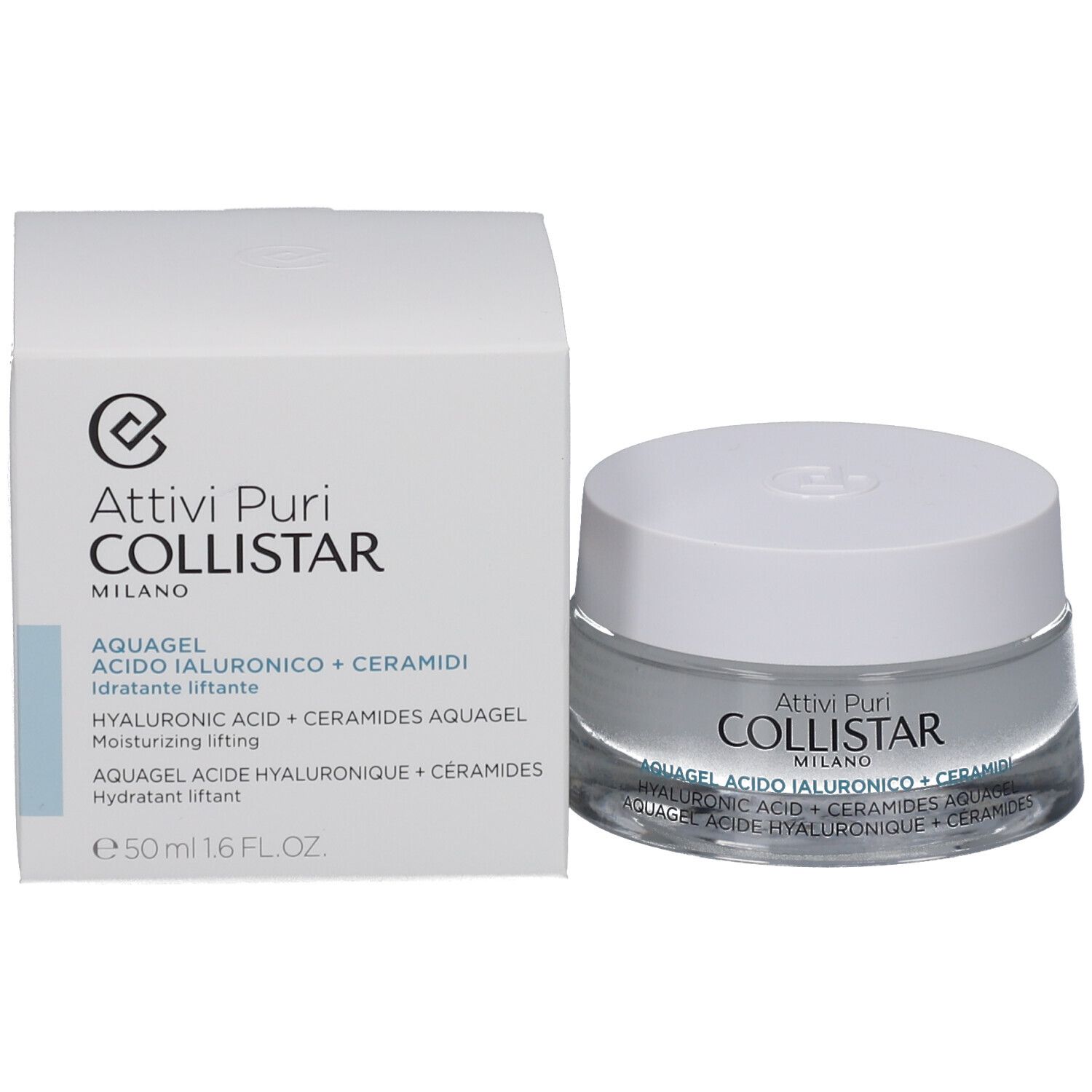 Cremebehälter und Verpackung. Aufschrift: Collistar, Aquagel Acido Ialuronico + Ceramidi.