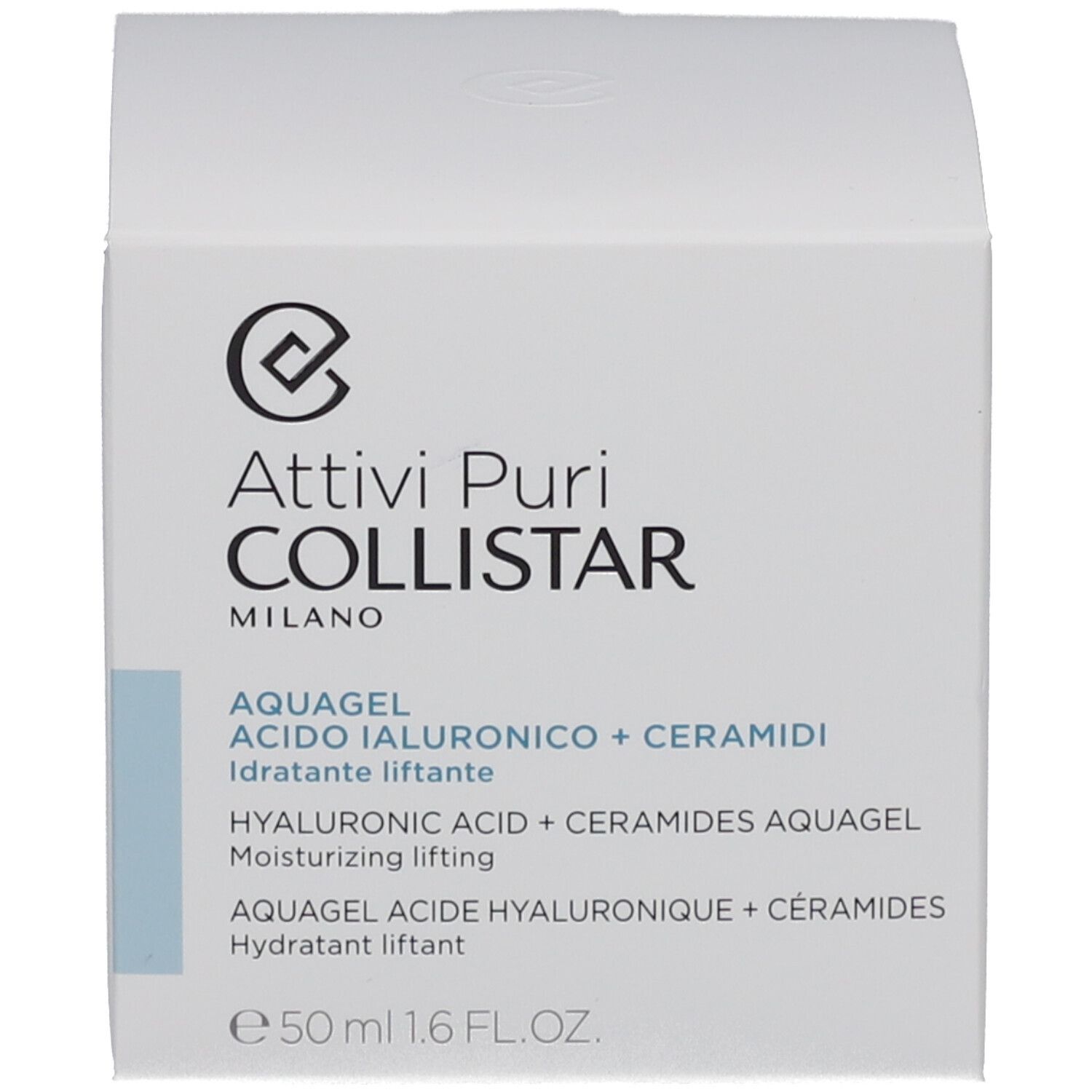 Verpackung mit Aufschrift: Collistar, Aquagel Acido Ialuronico + Ceramidi.